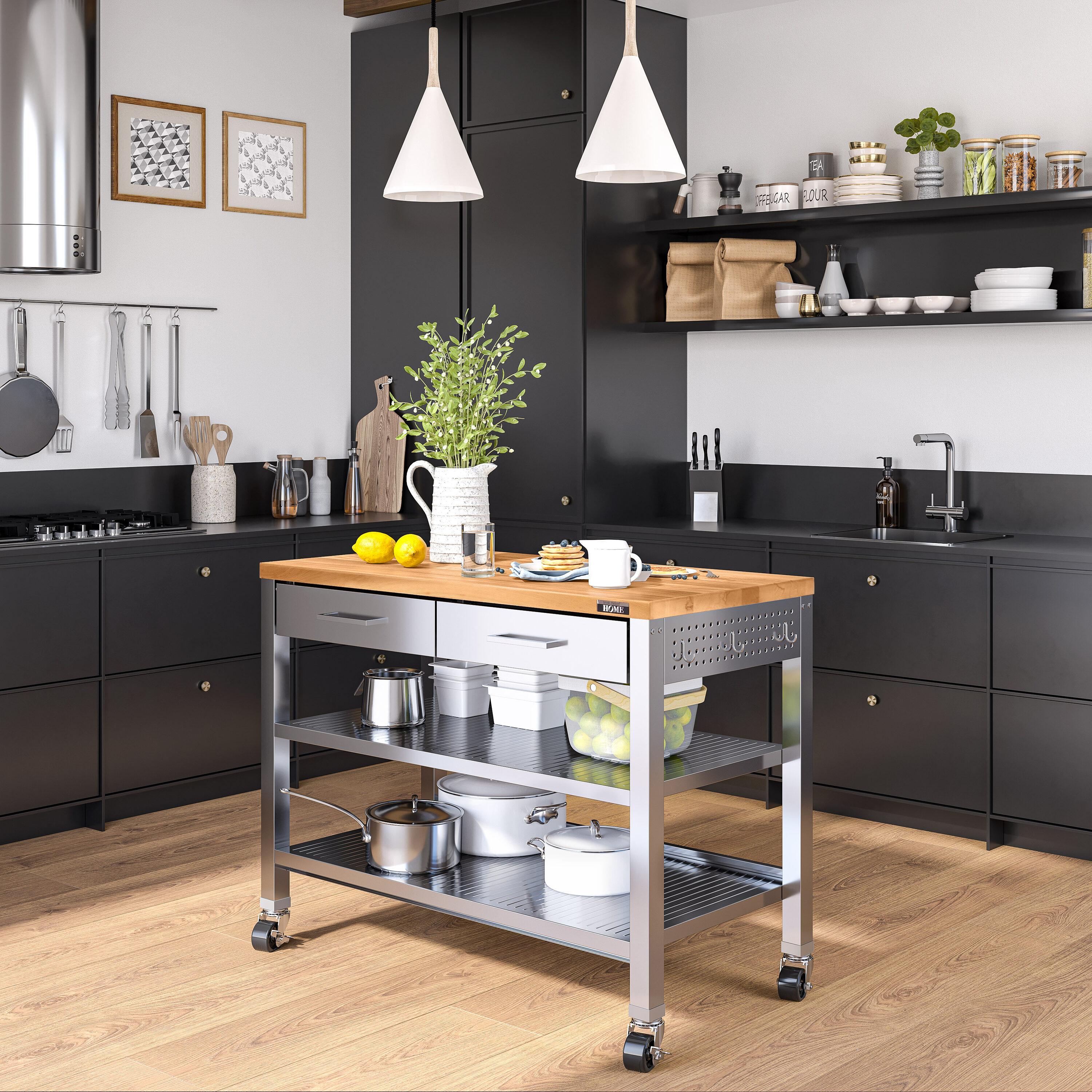 48'' Wide Stainless Steel Kitchen Rolling Cart Island with Solid Wood Top