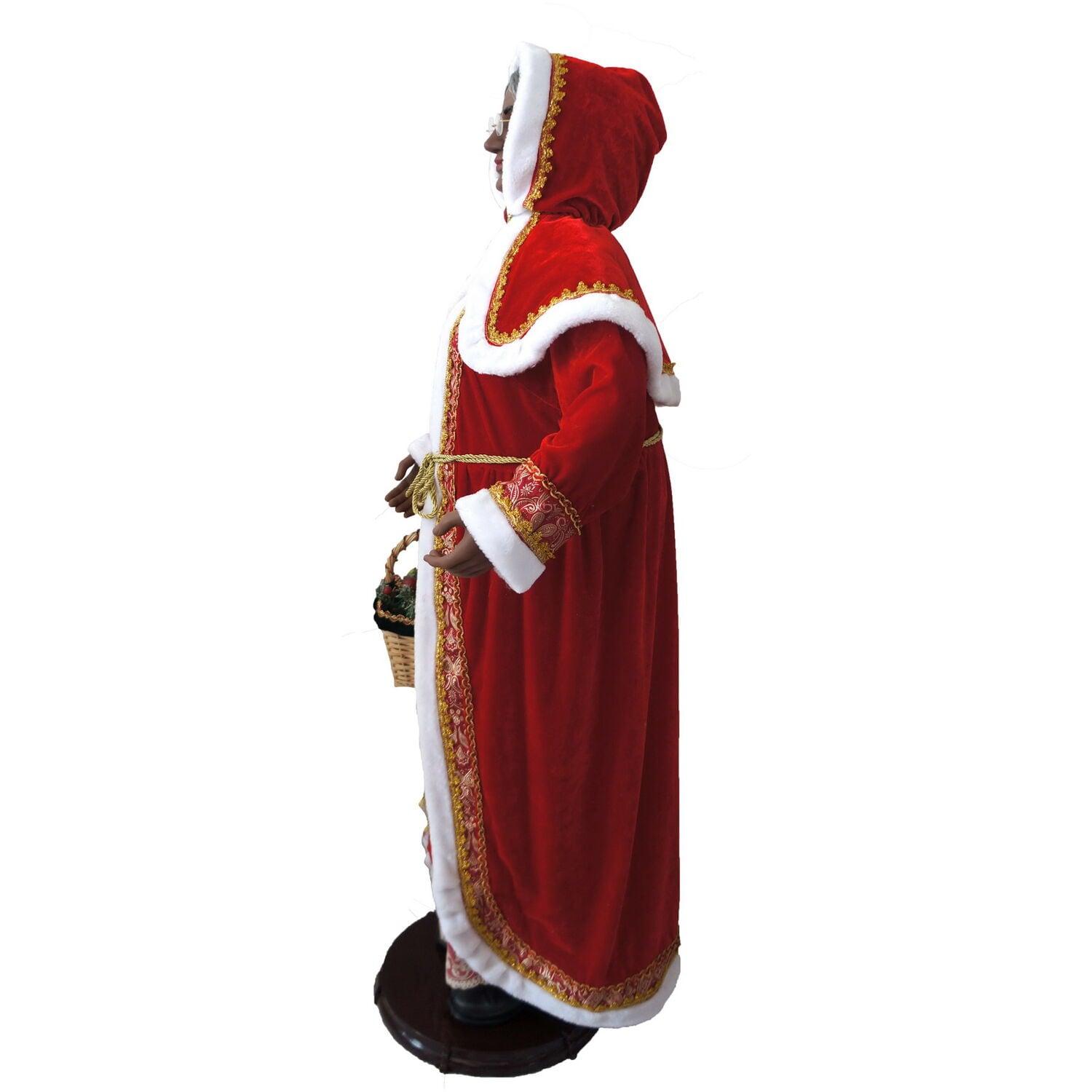 African American Dancing Mrs. Claus with Hooded Cloak and Basket Figurine