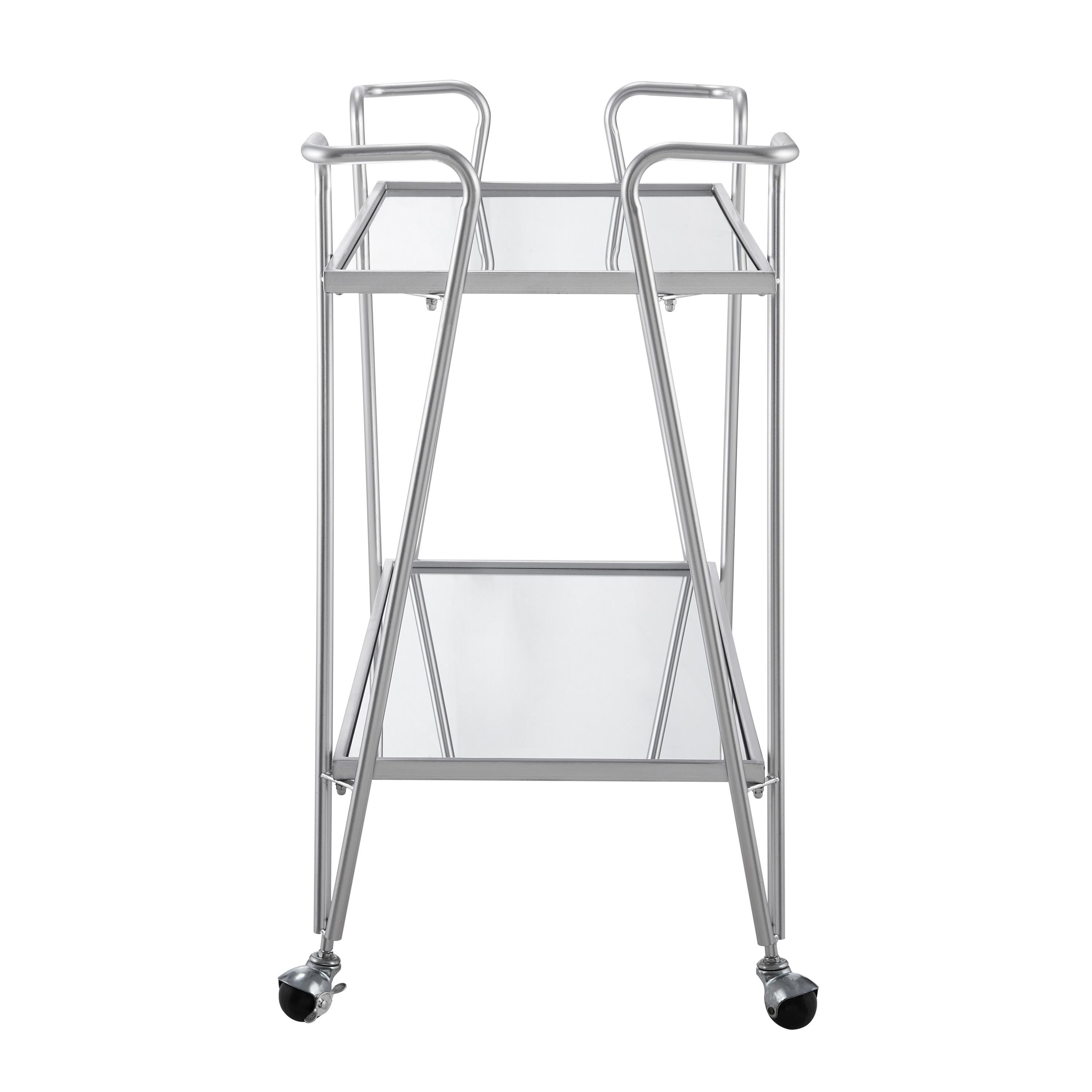 Mid-Century Modern Metal Frame 2 Mirrored Spacious Glass Shelves Locking Wheels Bar Cart Silver - Linon