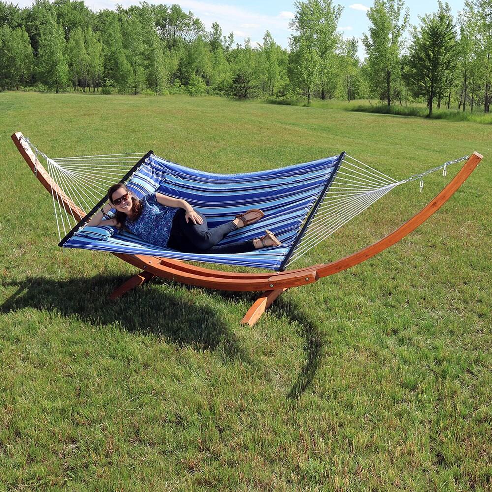 Sunnydaze Quilted Double Fabric 2-Person Hammock with Curved Arc Wood Stand - 400 lb Weight Capacity/12' Stand - Catalina Beach