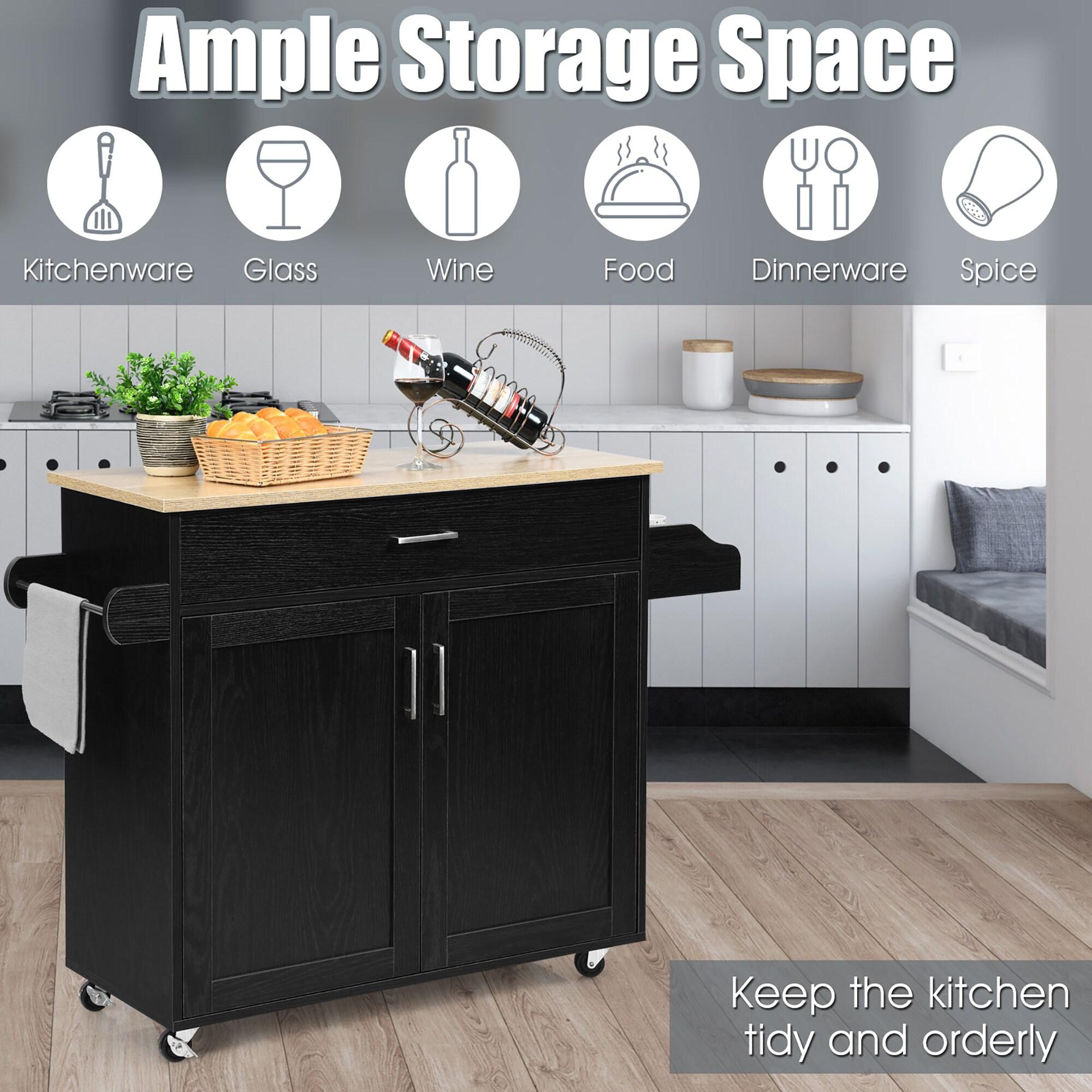 Black Fir Wood Rolling Kitchen Cart with Spice Rack and Storage
