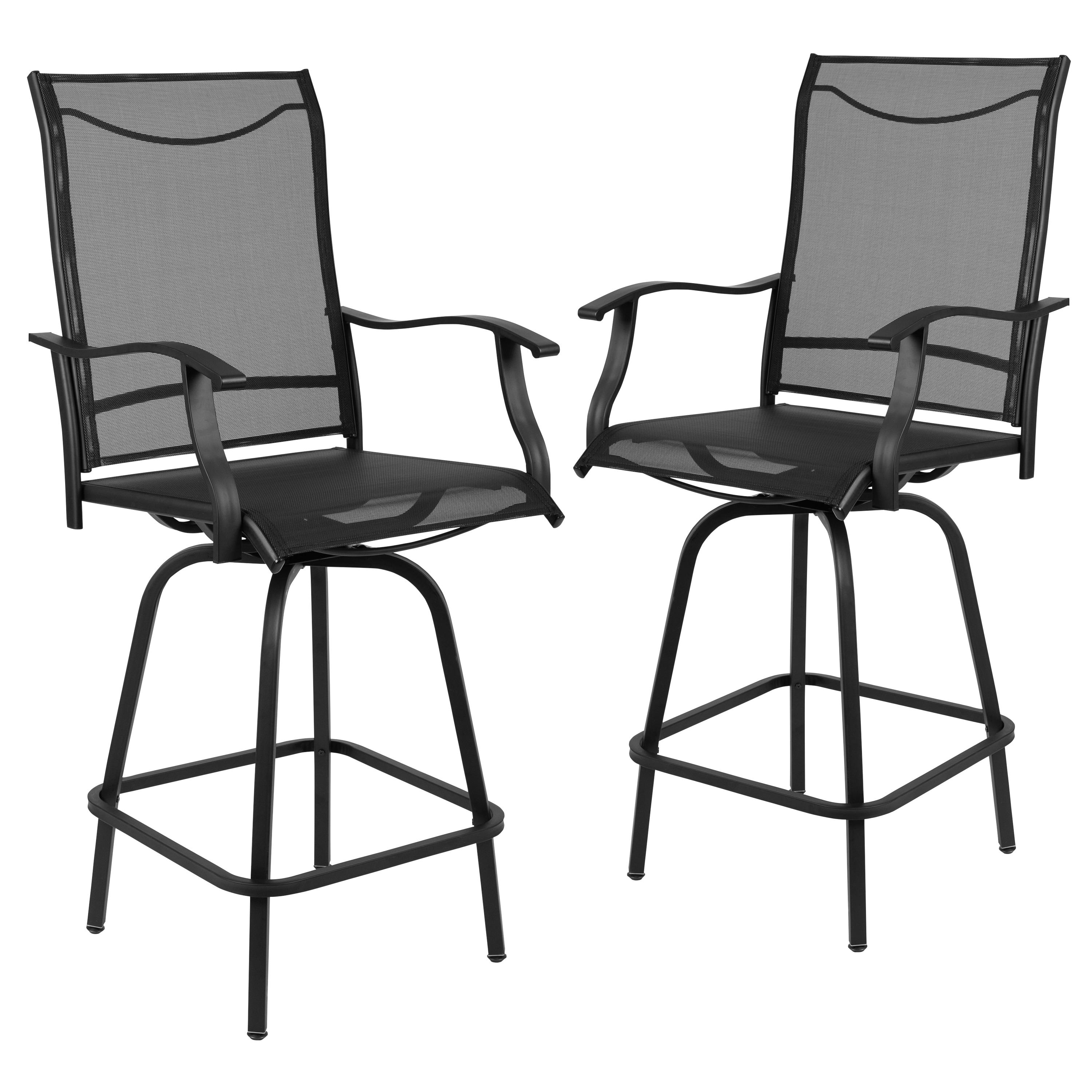 Flash Furniture Patio Bar Height Stools Set of 2, All-Weather Textilene Swivel Patio Stools and Deck Chairs with High Back & Armrests in Black