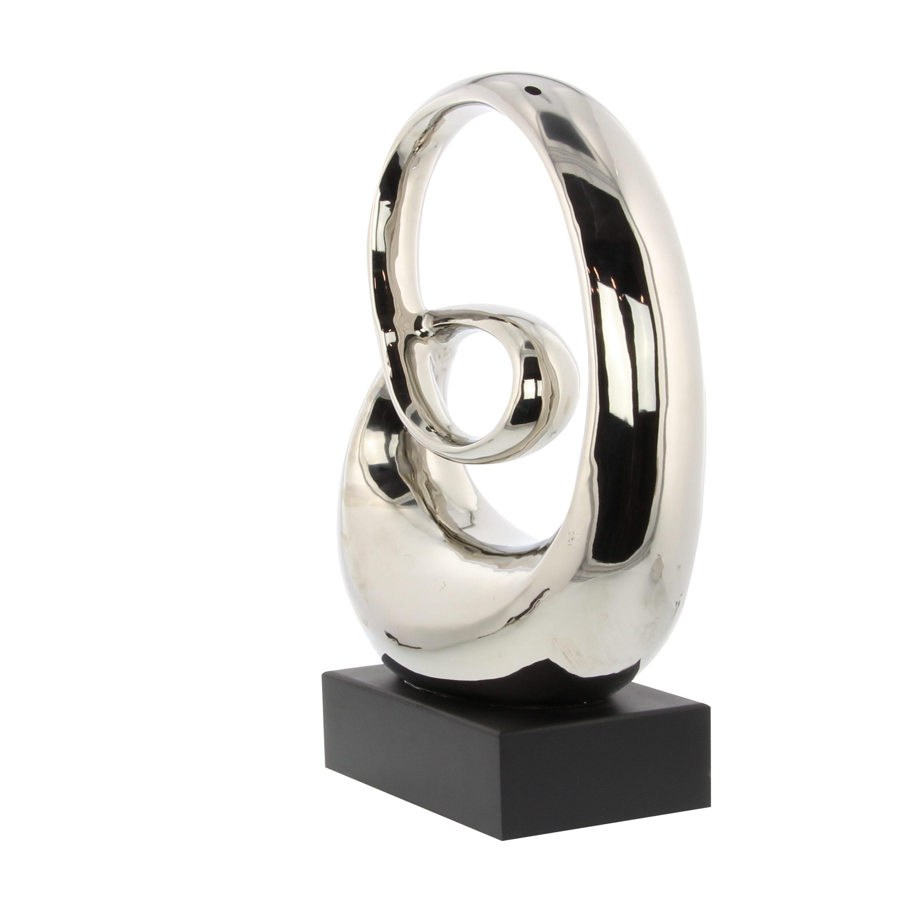 10" x 21" Silver Ceramic Swirl Abstract Sculpture with Black Wooden Base, by DecMode