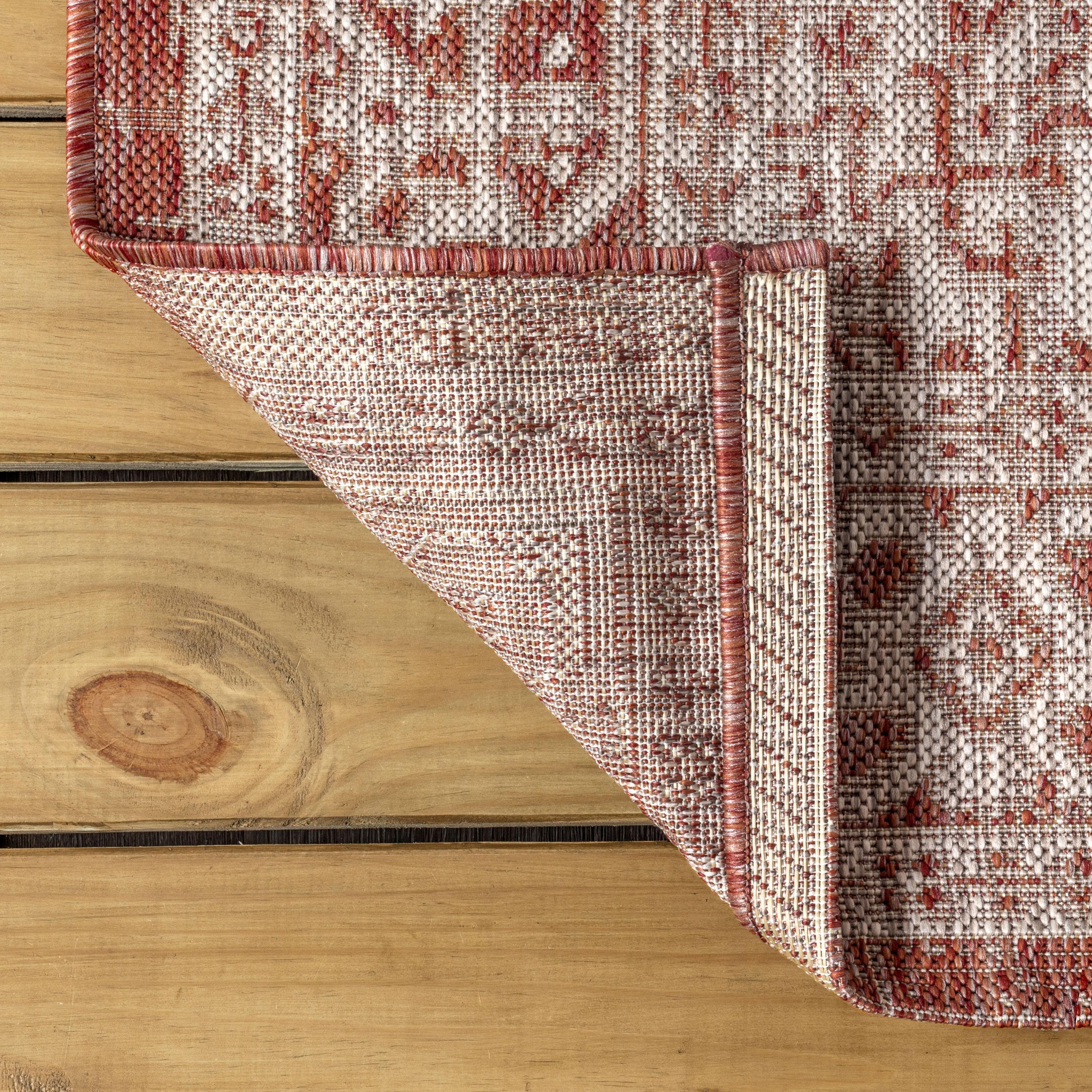 5' Square Sinjuri Medallion Textured Weave Indoor/Outdoor Area Rug, Red/Taupe - JONATHAN Y