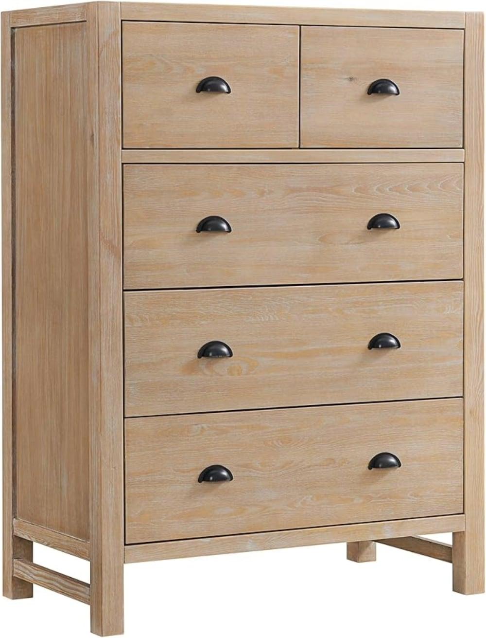 Arden 5-Piece Bedroom Set - Queen Bed, Two 2-Drawer Nightstands, 5-Drawer Chest, 6-Drawer Double Dresser, Solid Pine Wood, Light Driftwood Finish, Modern Rustic Style