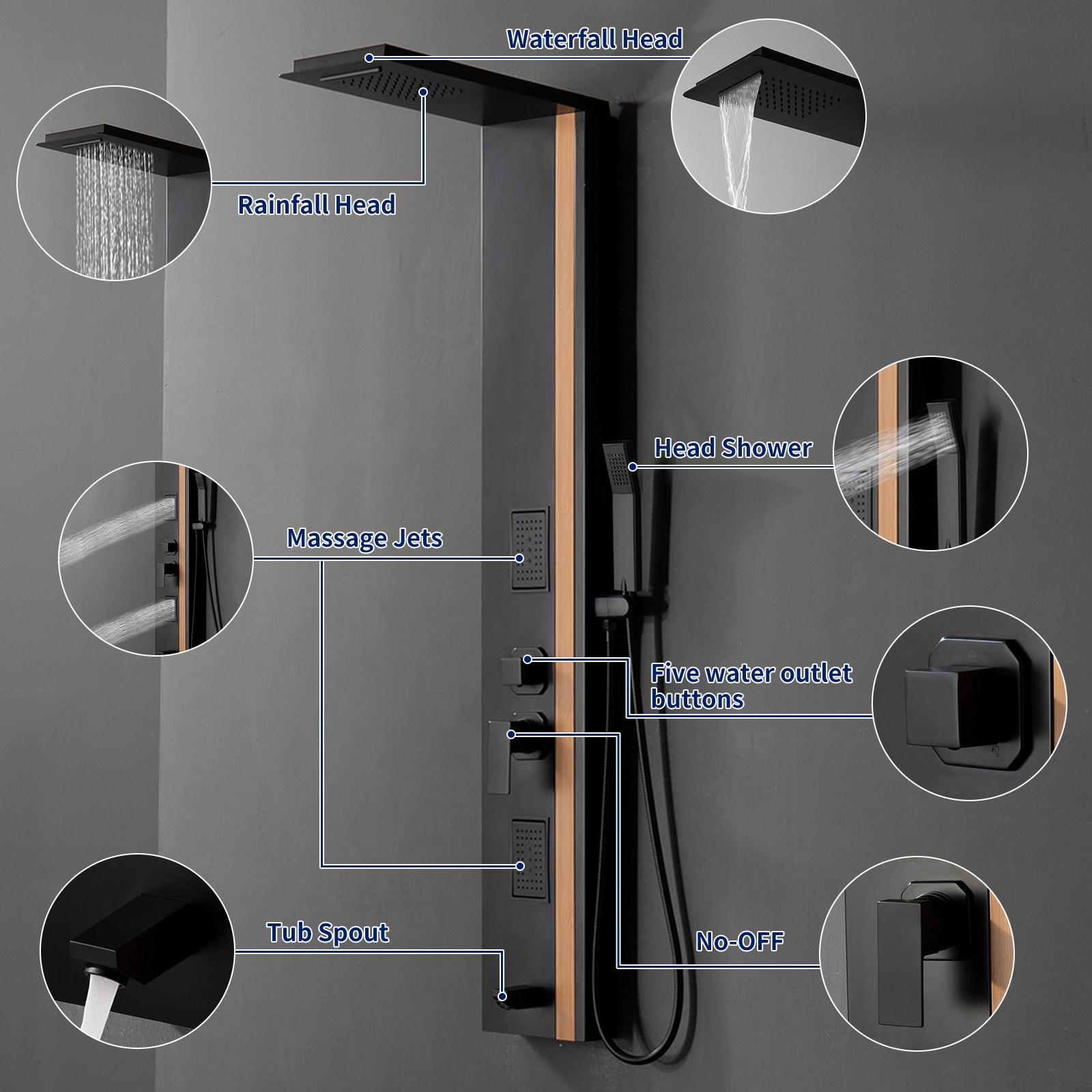 BWE 2-Jet Rainfall Shower Panel System with Rainfall Waterfall Shower Head and Shower Wand
