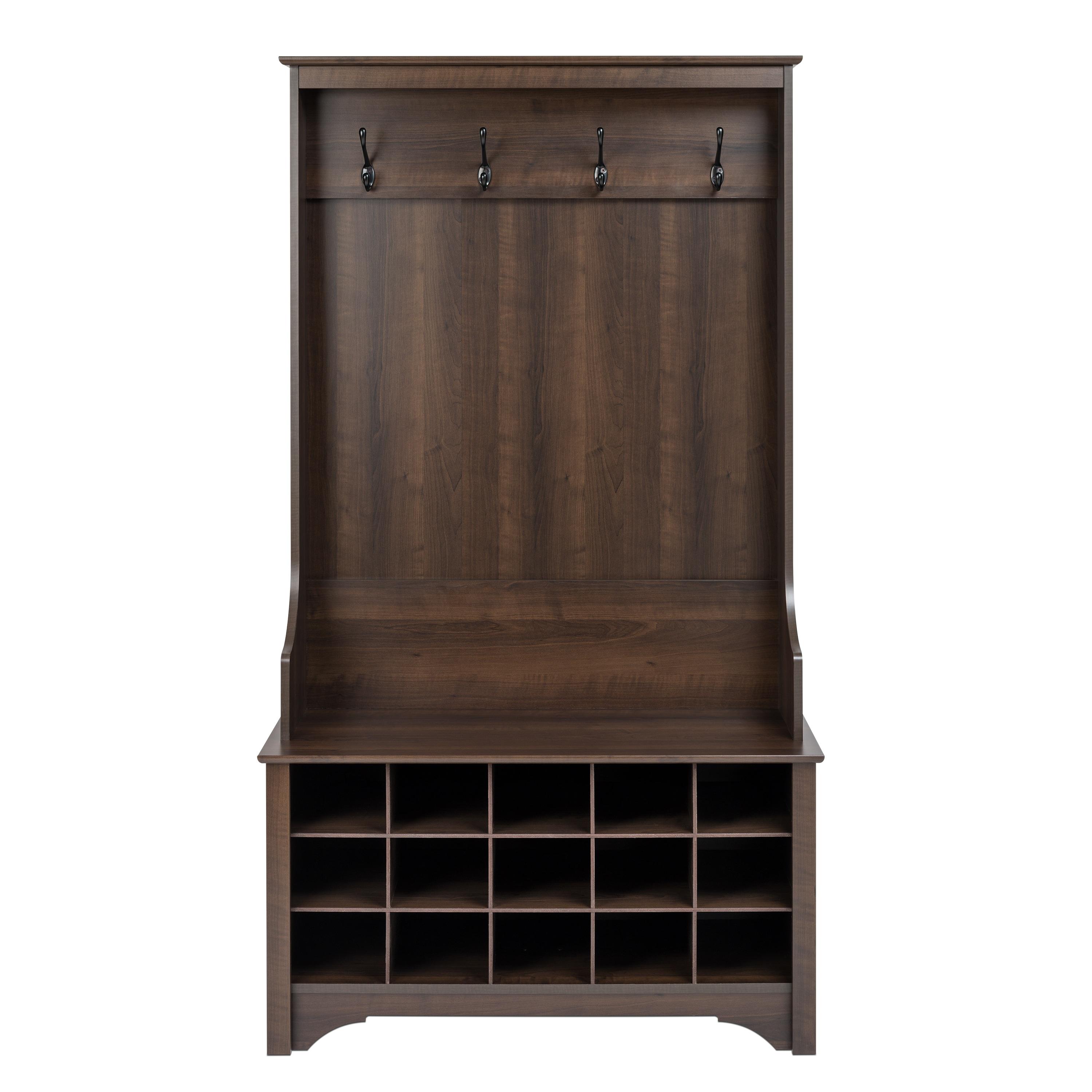 Prepac Hall Tree with Shoe Storage Espresso Brown: Entryway Organizer, 4 Metal Hooks, Wood Composite