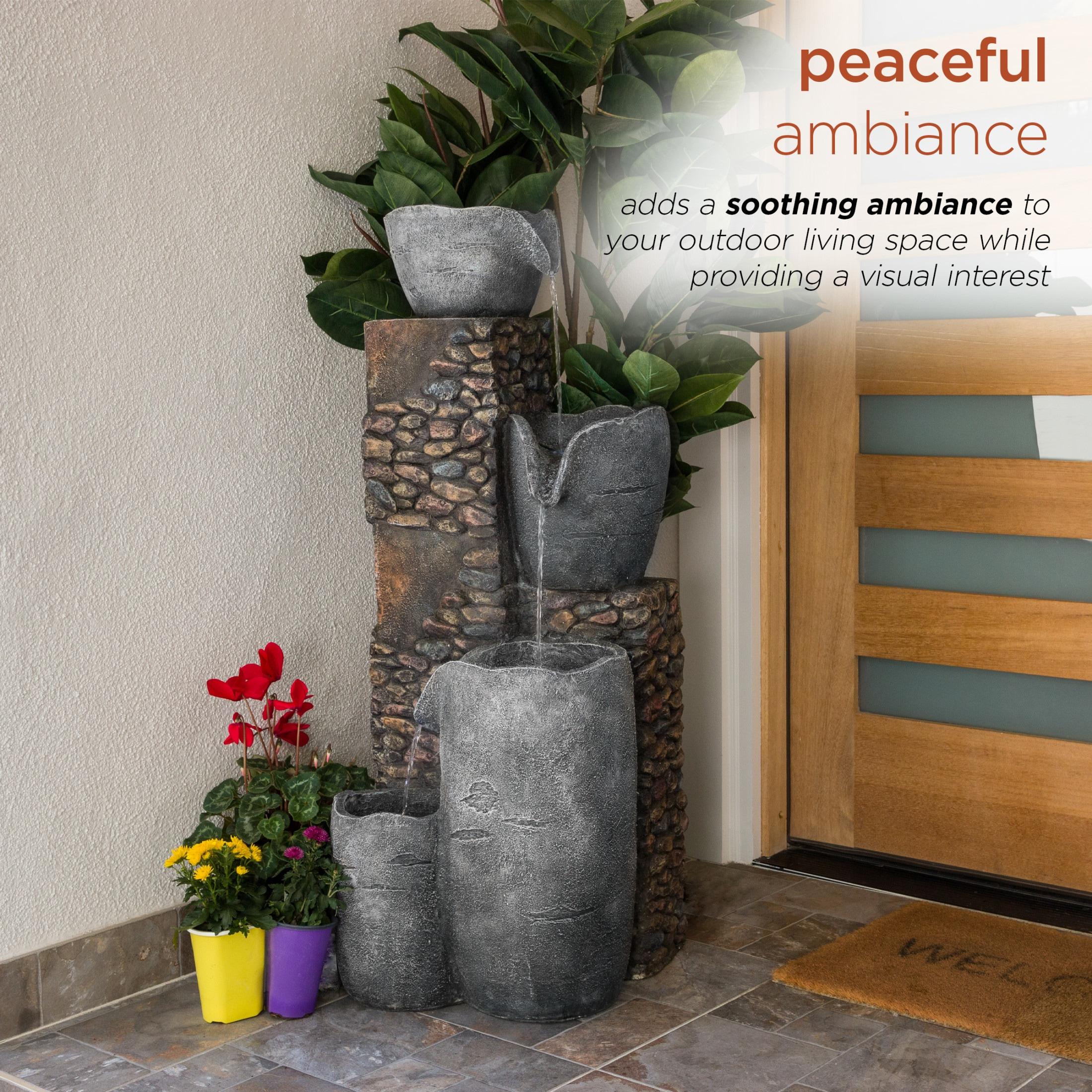 42" Resin Outdoor 4-Tier Stone Bowl Fountain with LED Lights Gray - Alpine Corporation: Weatherproof, Rust-Resistant Garden Decor