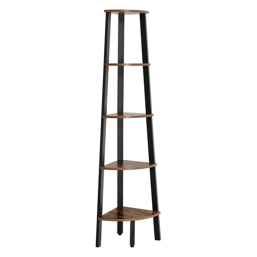 63 Inch Corner Bookcase 5 Tier Shelves, Ladder Storage, Rustic Brown, Black - Saltoro Sherpi