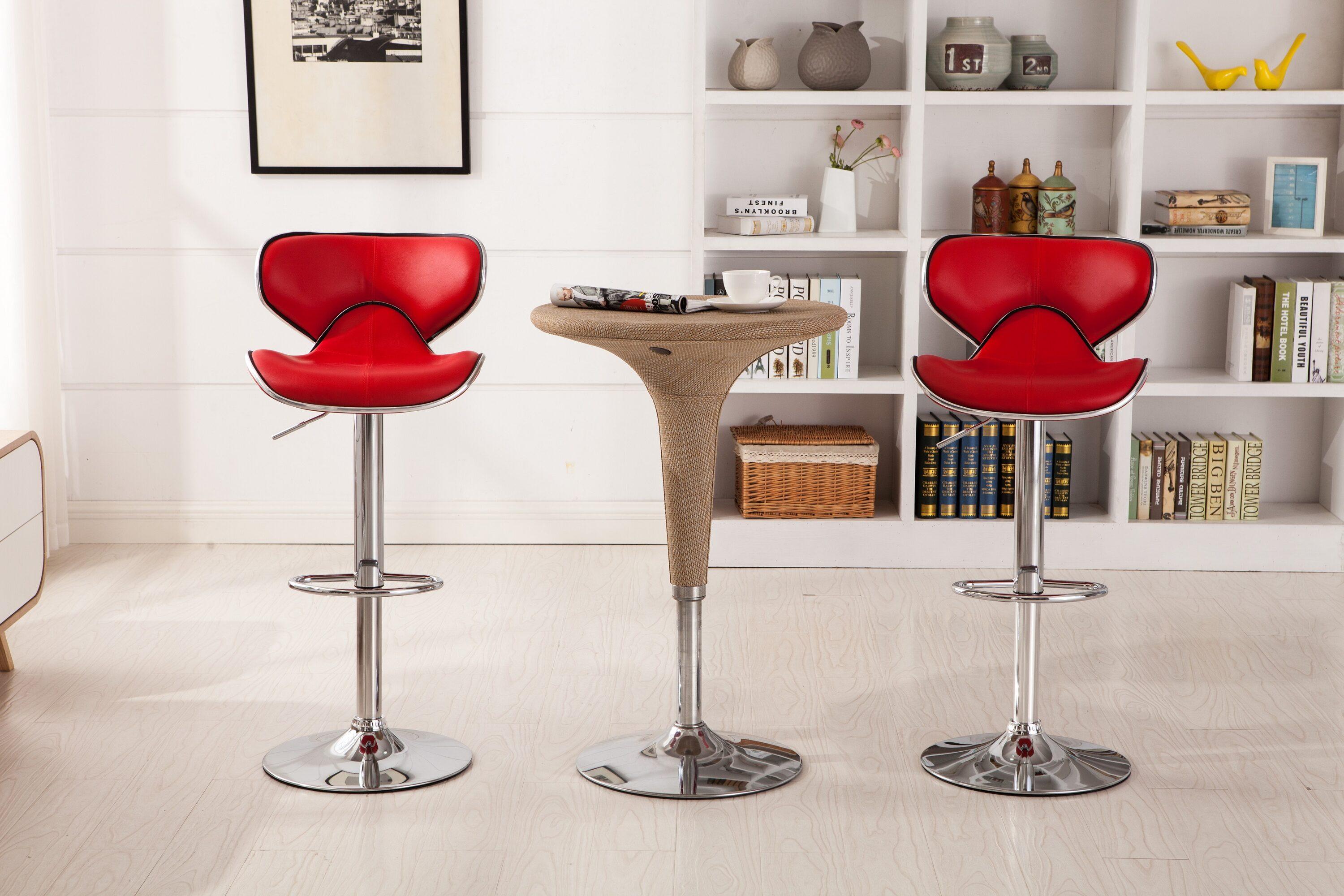 Roundhill Furniture Masaccio Faux Leather Airlift Adjustable Swivel Barstool, Red, Set of 2