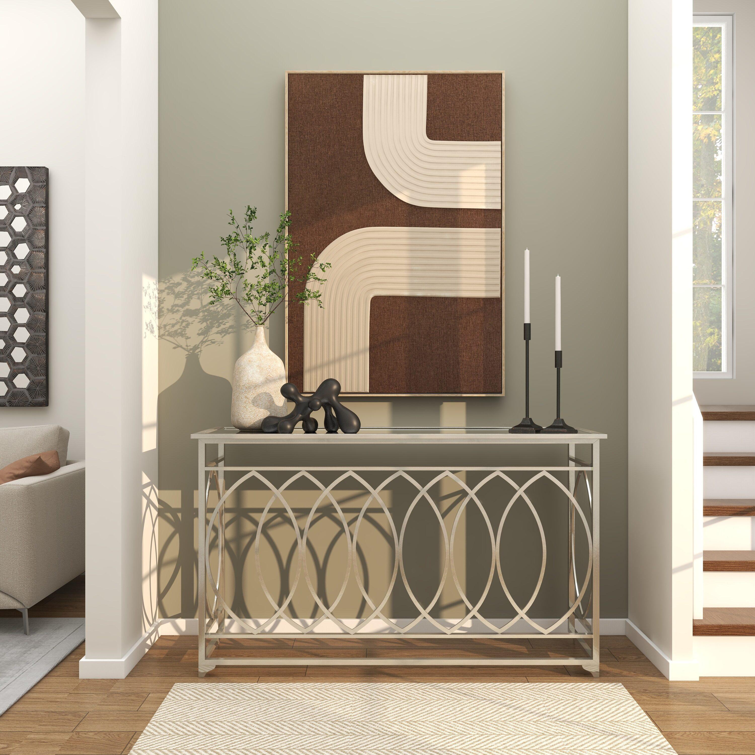 Metal Geometric Living Room Console Table with Mirrored Glass Top