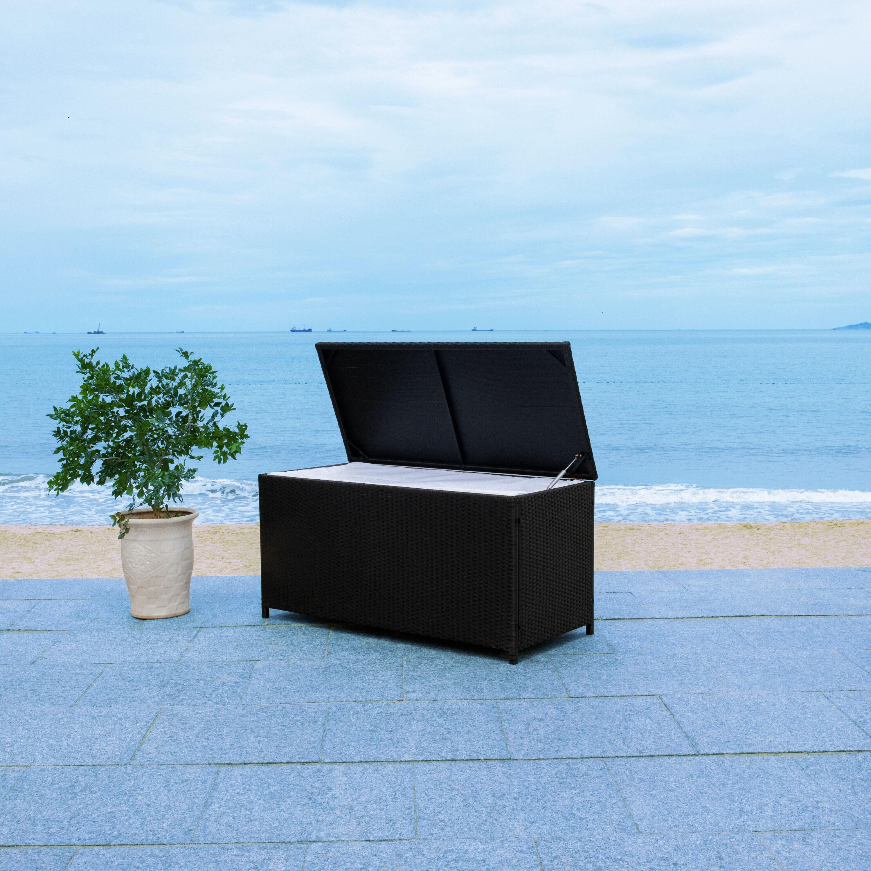 Oliveira Outdoor Cushion Deck Box - Black/White Cushion - Safavieh