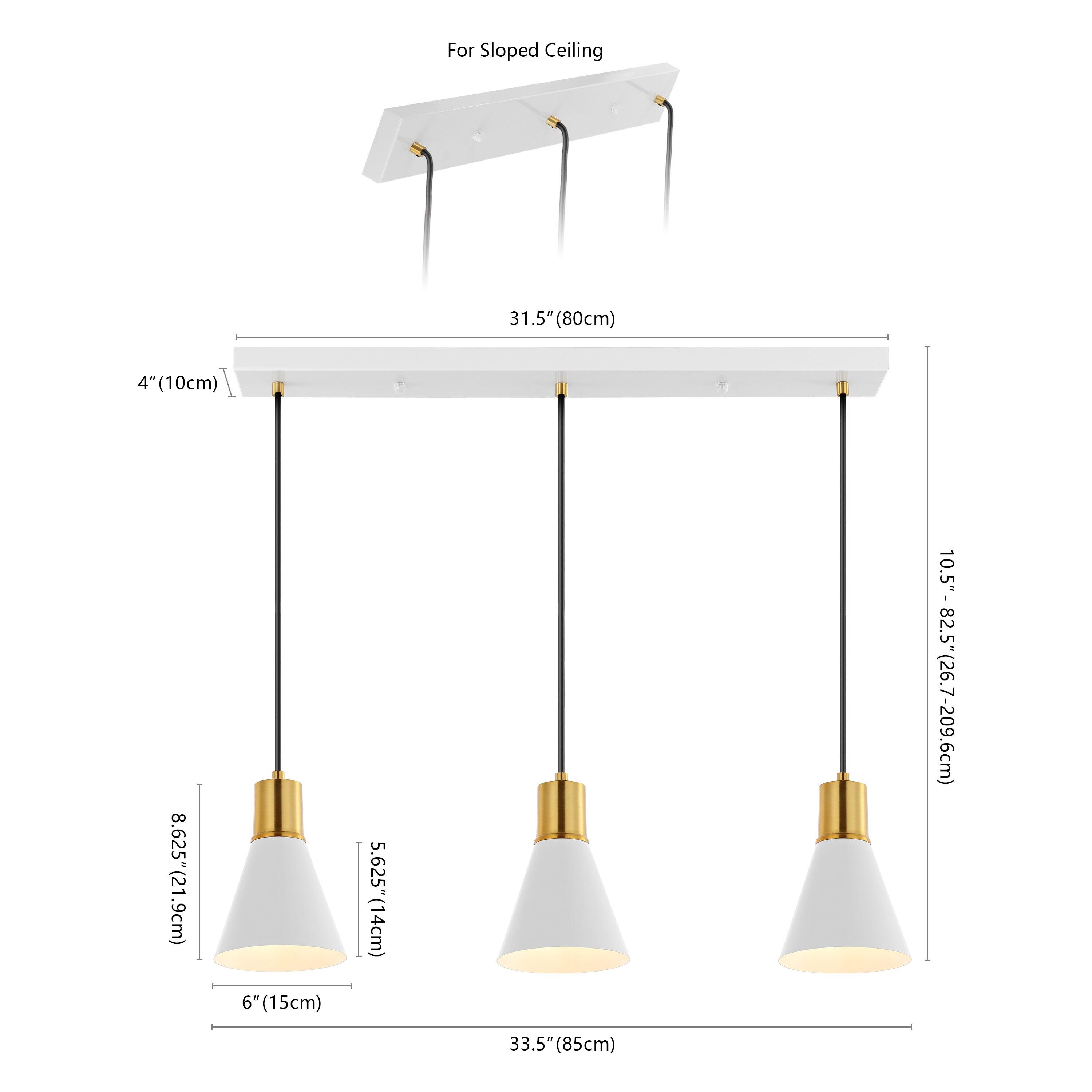 Apollo 33.5" 3-Light Mid-Century Modern Iron Adjustable Linear LED Pendant, White/Brass Gold
