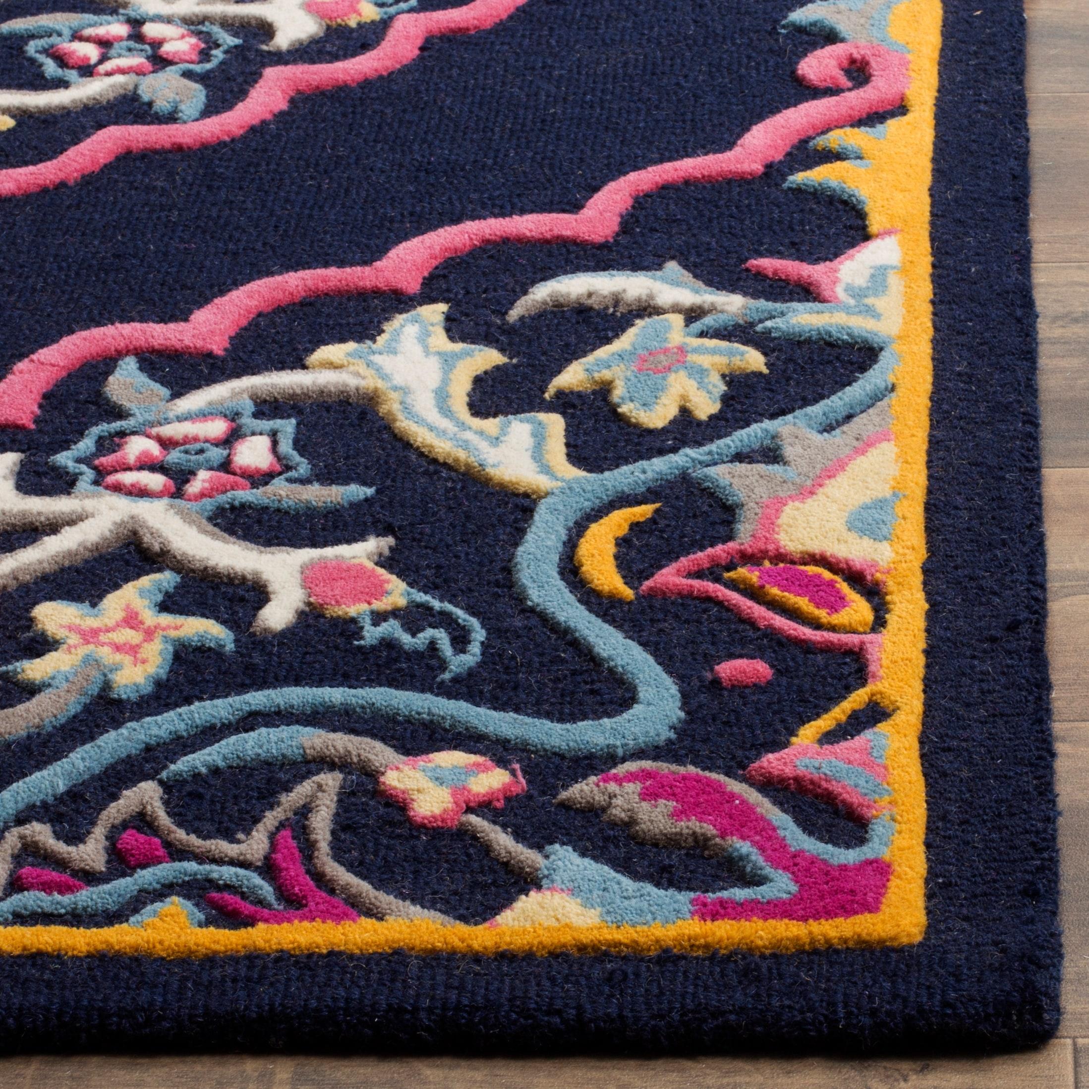 Navy Blue and Multicolor Wool Silk 8' x 10' Handmade Area Rug