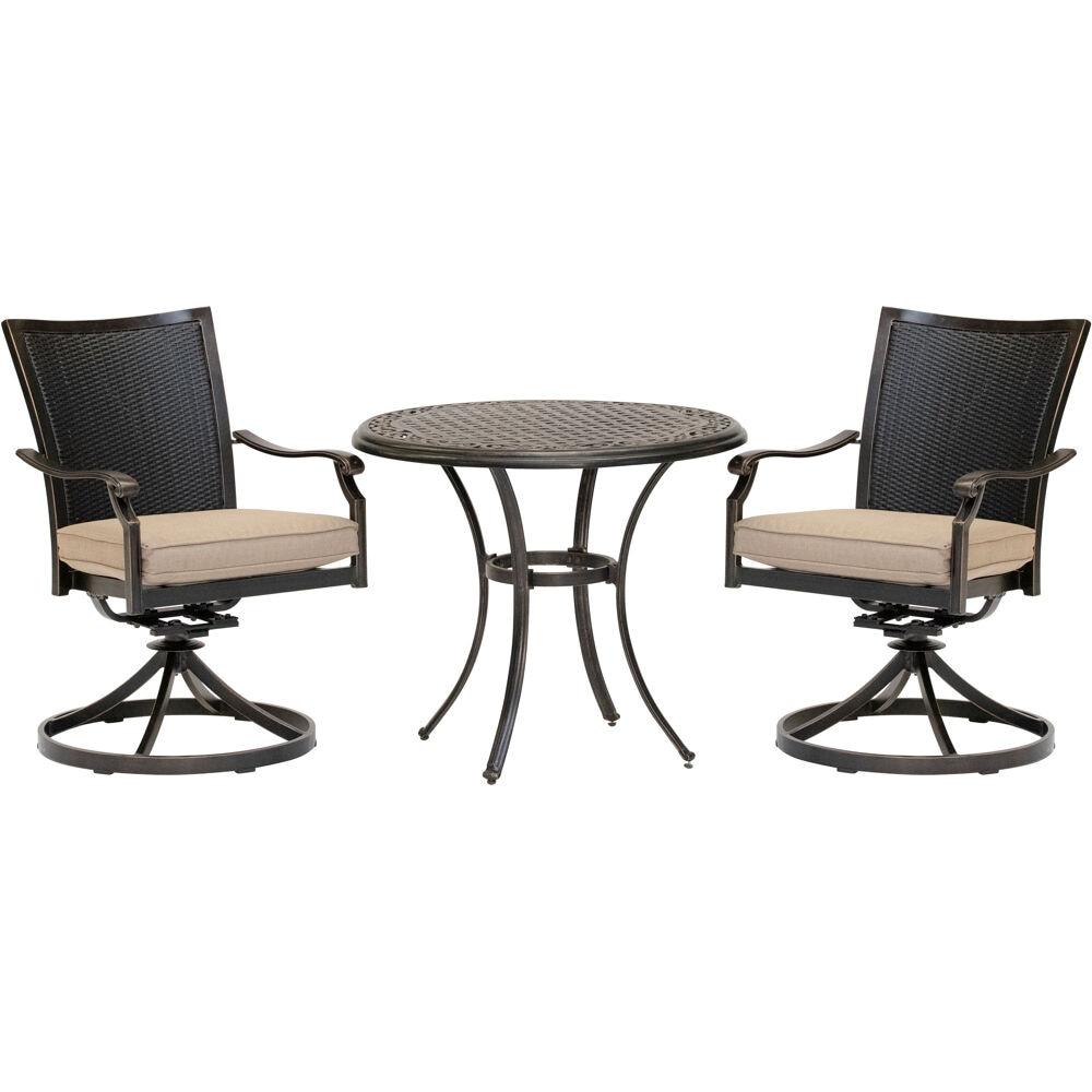 Hanover Traditions 3-Piece Outdoor Furniture Patio Bistro Set, 2 Cushioned Wicker Aluminum Swivel Rocker Chairs and 32" Round Cast Table, Natural Oat
