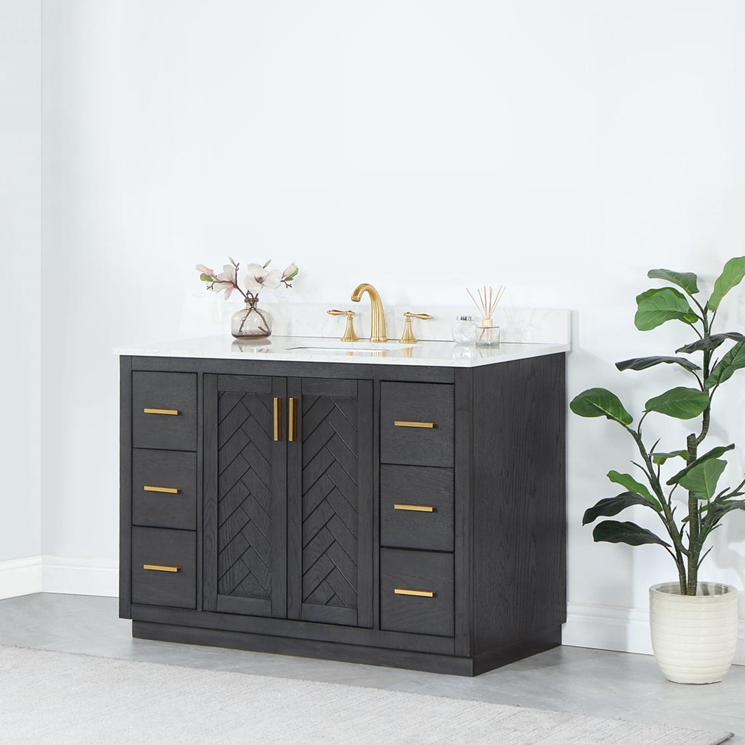 Gazsi 48" Single Bathroom Vanity Set in Brown Oak with Grain White Composite Stone Countertop without Mirror