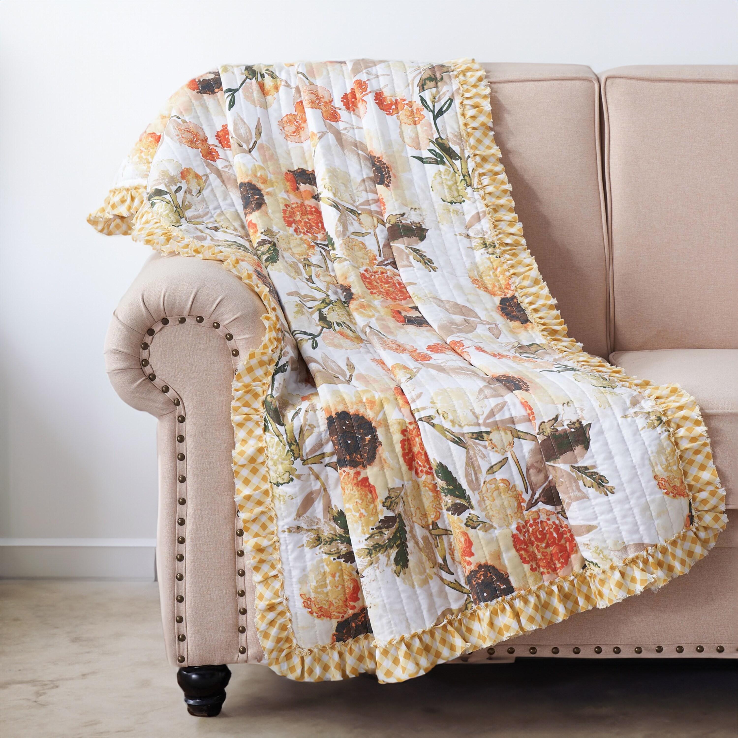 Greenland Home Fashions Somerset Sunflower Reversible Quilted Throw with Gingham Ruffles