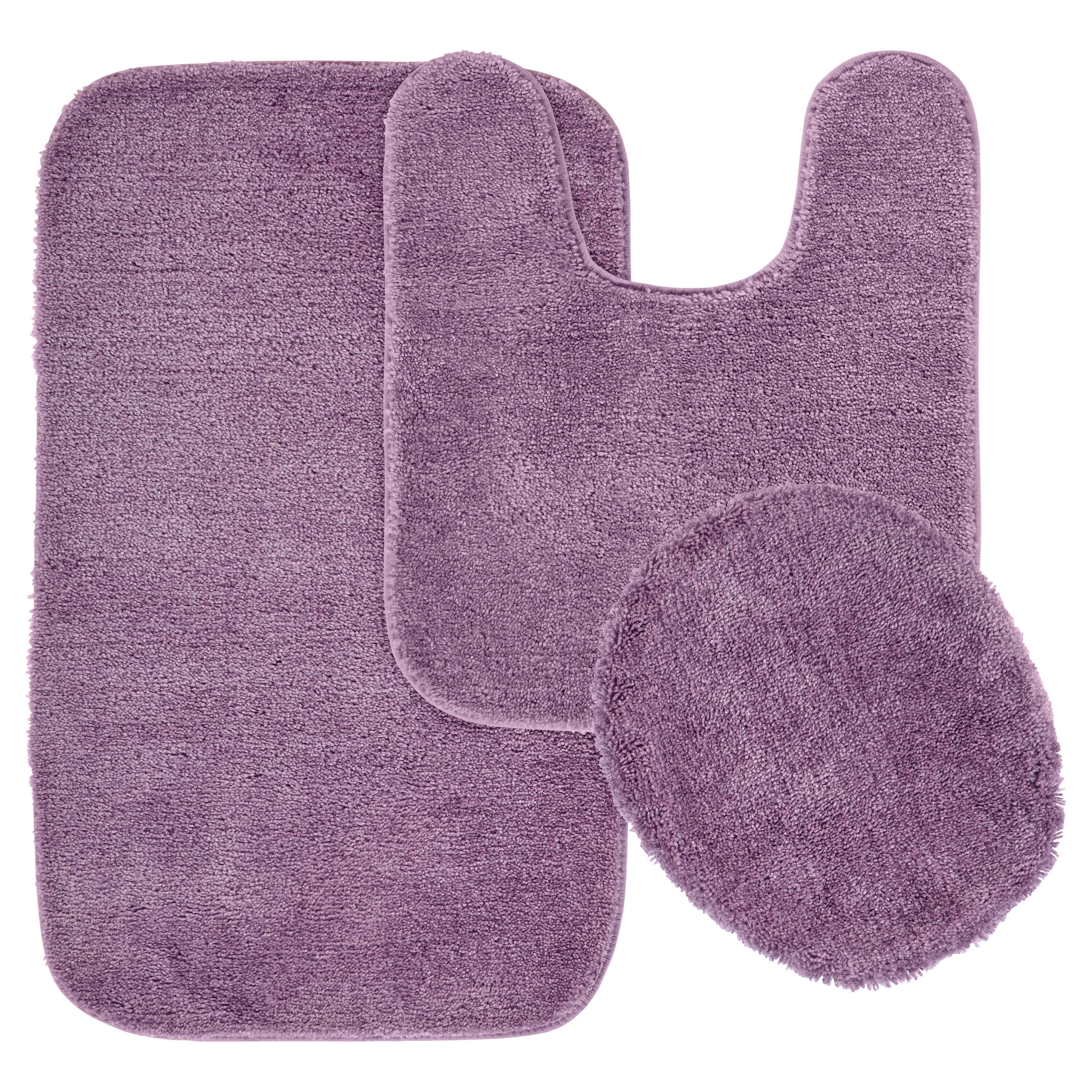 Garland Rug Traditional Washable Bath Rug Set, 3 Piece Set (21"x34" Bath Rug, Contour Rug, & Toilet Lid) Purple