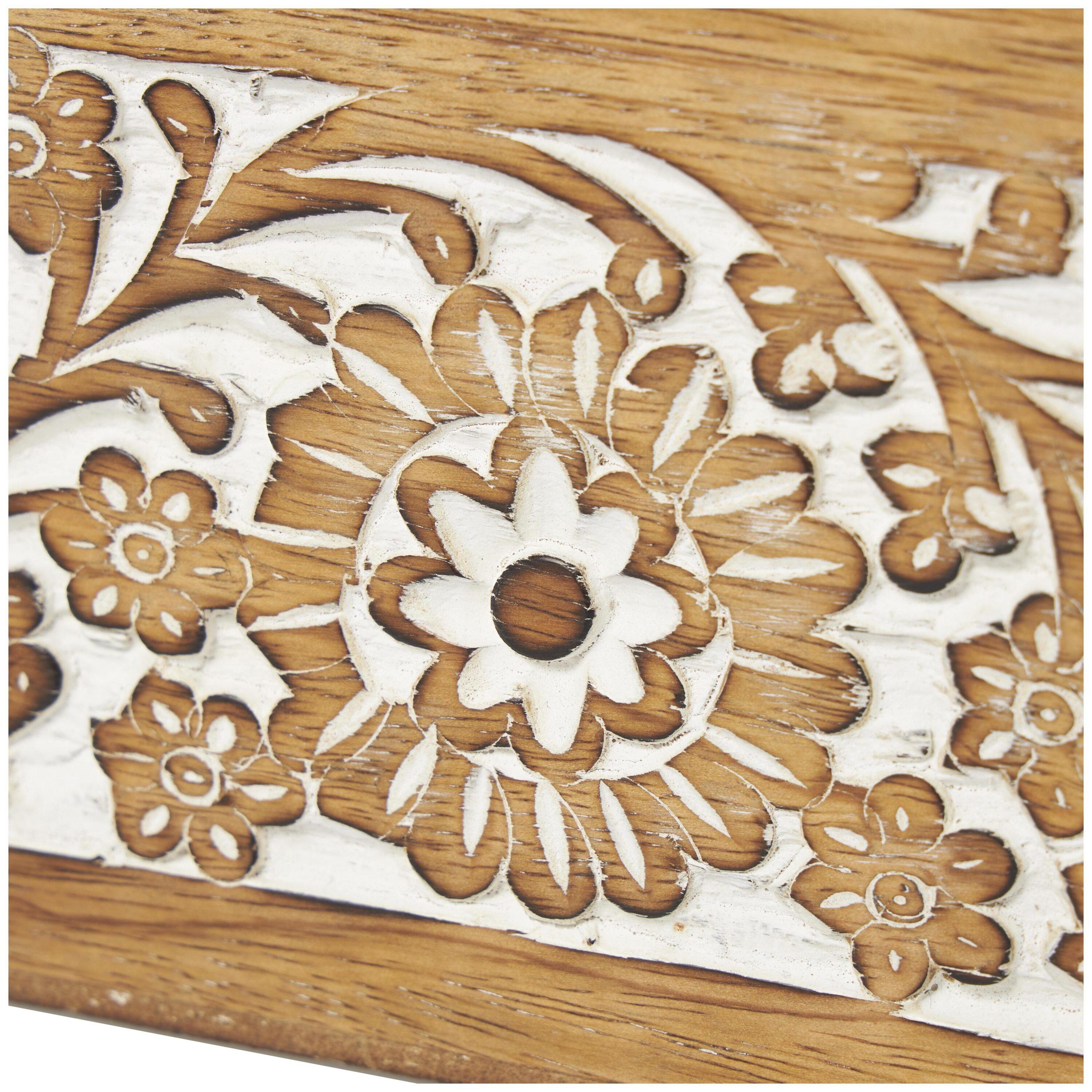 Set of 3 Mango Wood Carved Floral Boxes - Olivia & May: Coastal Style with Lids, Indoor Use, Non-Slip Base