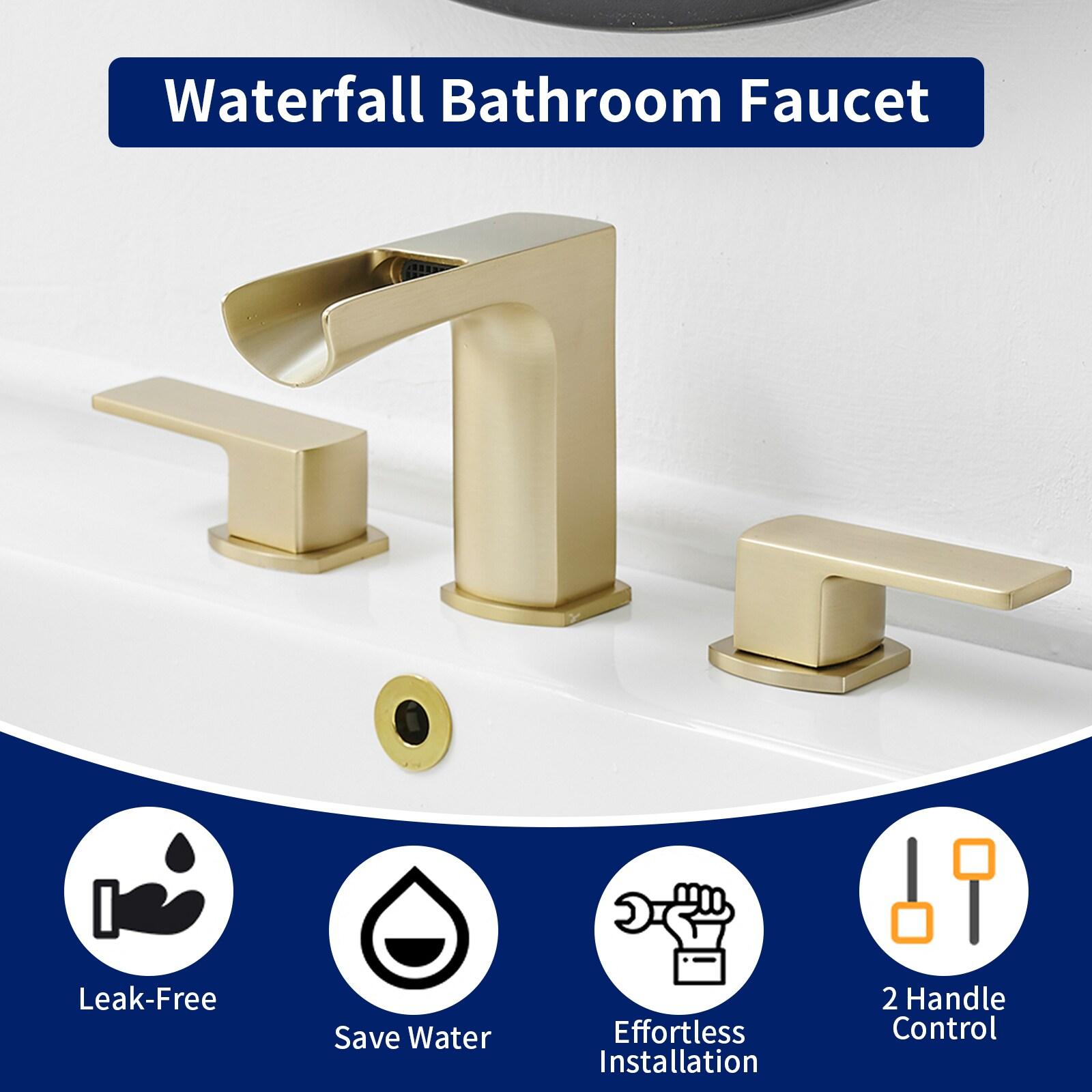BWE Waterfall 8 in. Widespread Double Handle Bath Faucet Set 3 Holes Vanity Sink With Metal Drain