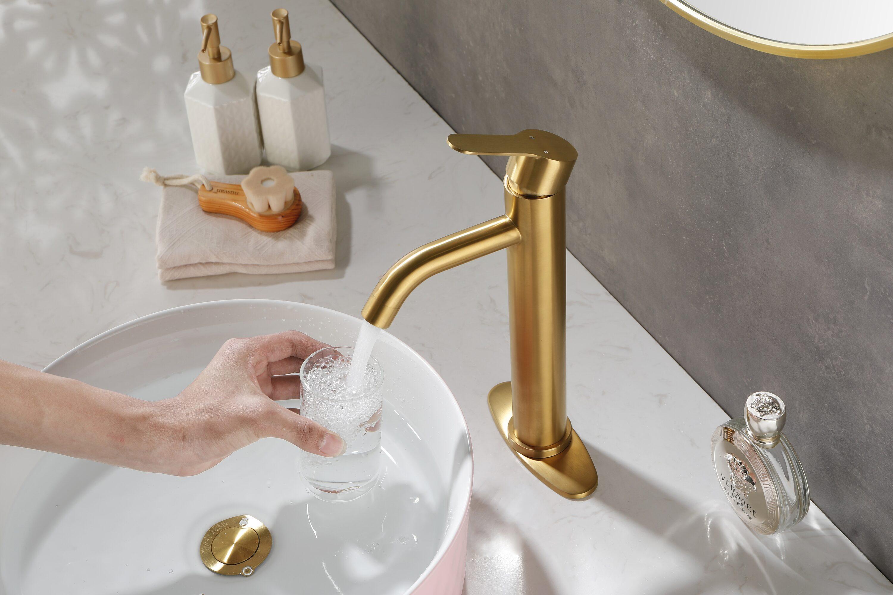 Gold Bathroom Faucets | Waterfall Single Hole Bathroom Sink Faucet with Deck Plate, 1 Hole Or 3 Hole for 4 Inch Brushed Gold Vanity Faucet with Pop-Up Drain Single Handle Lavatory Faucet