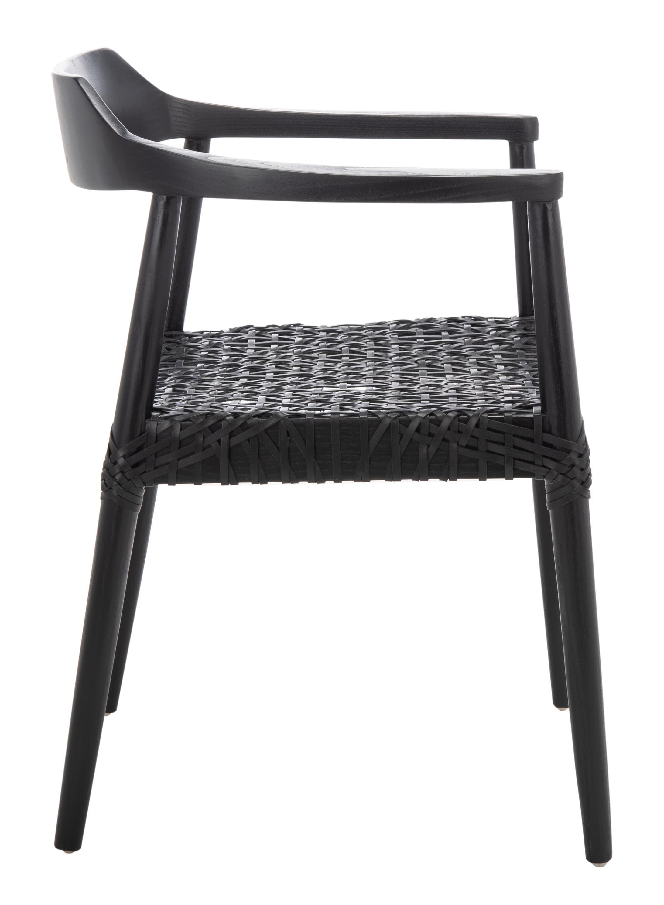 SAFAVIEH Munro Leather Woven Accent Chairs, Black (Sungkai Wood Frame)/Black (Leather Seat) (22 in. W x 20.5 in. D x 28.5 in. H)