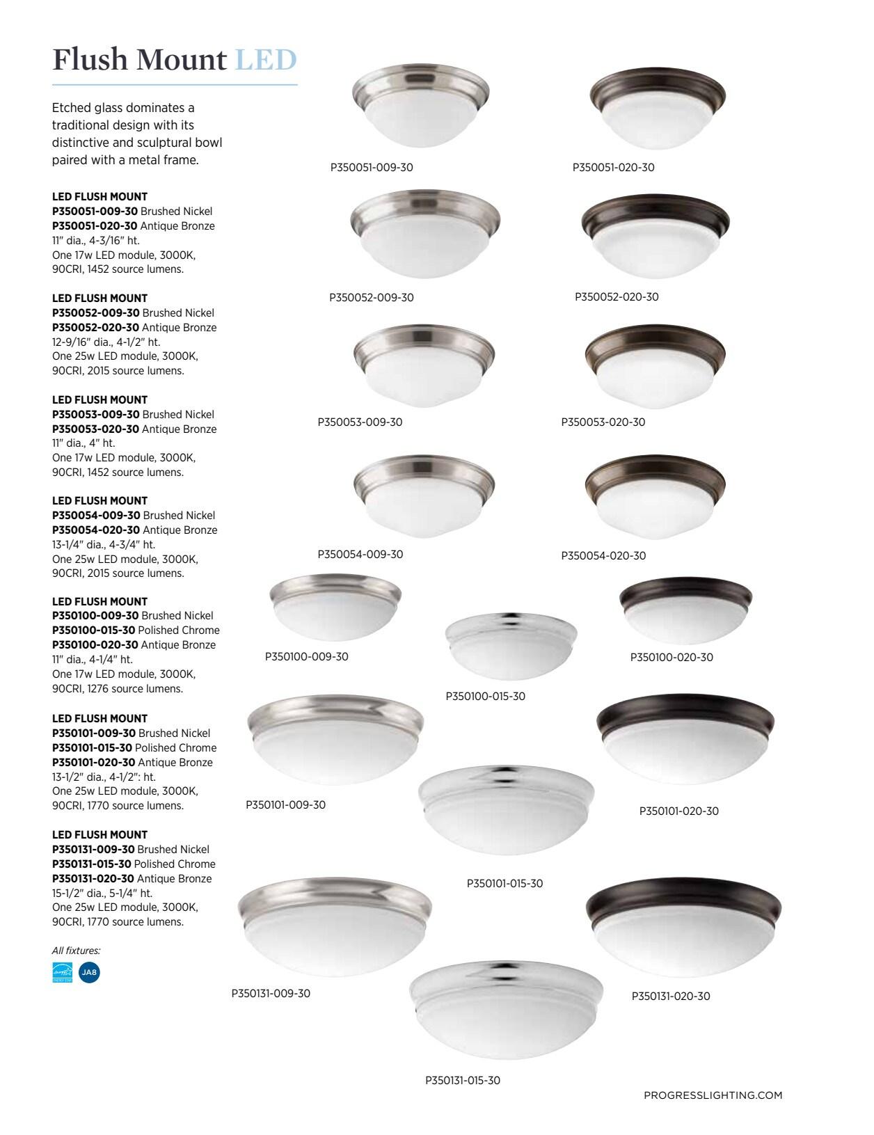 Progress Lighting, Etched Glass, 1-Light, LED Flush Mount, Brushed Nickel, Steel, Damp Rated, Dimmable, Canopy Included