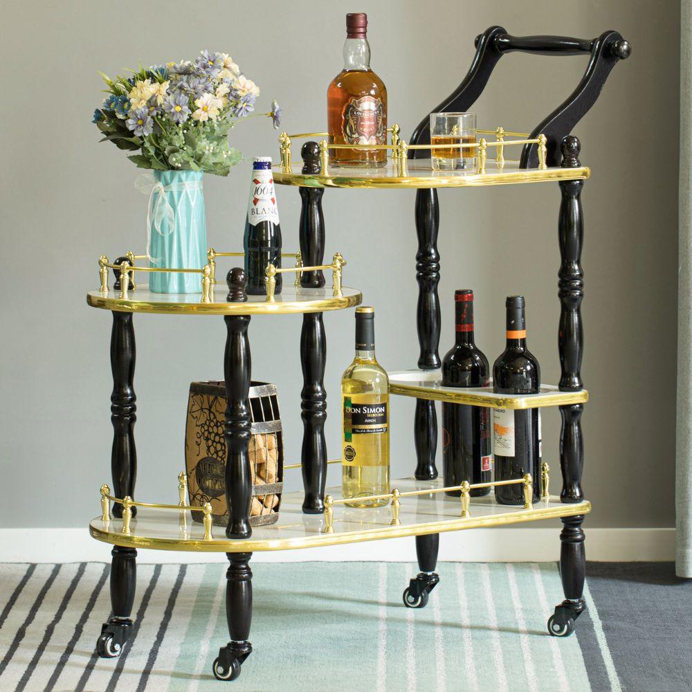 Wood Serving Bar Cart Tea Trolley with 3 Tier Shelves and Rolling Wheels