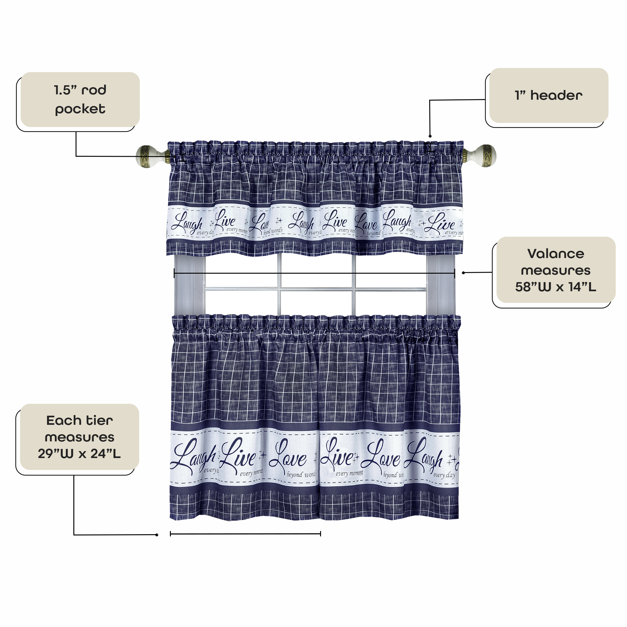 Achim Live, Love, Laugh Window Curtain Tier Pair and Valance Set