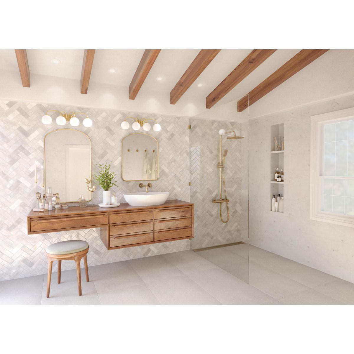 Progress Lighting Carisa 4-Light Bath Wall Light, Vintage Gold, White Glass Globes