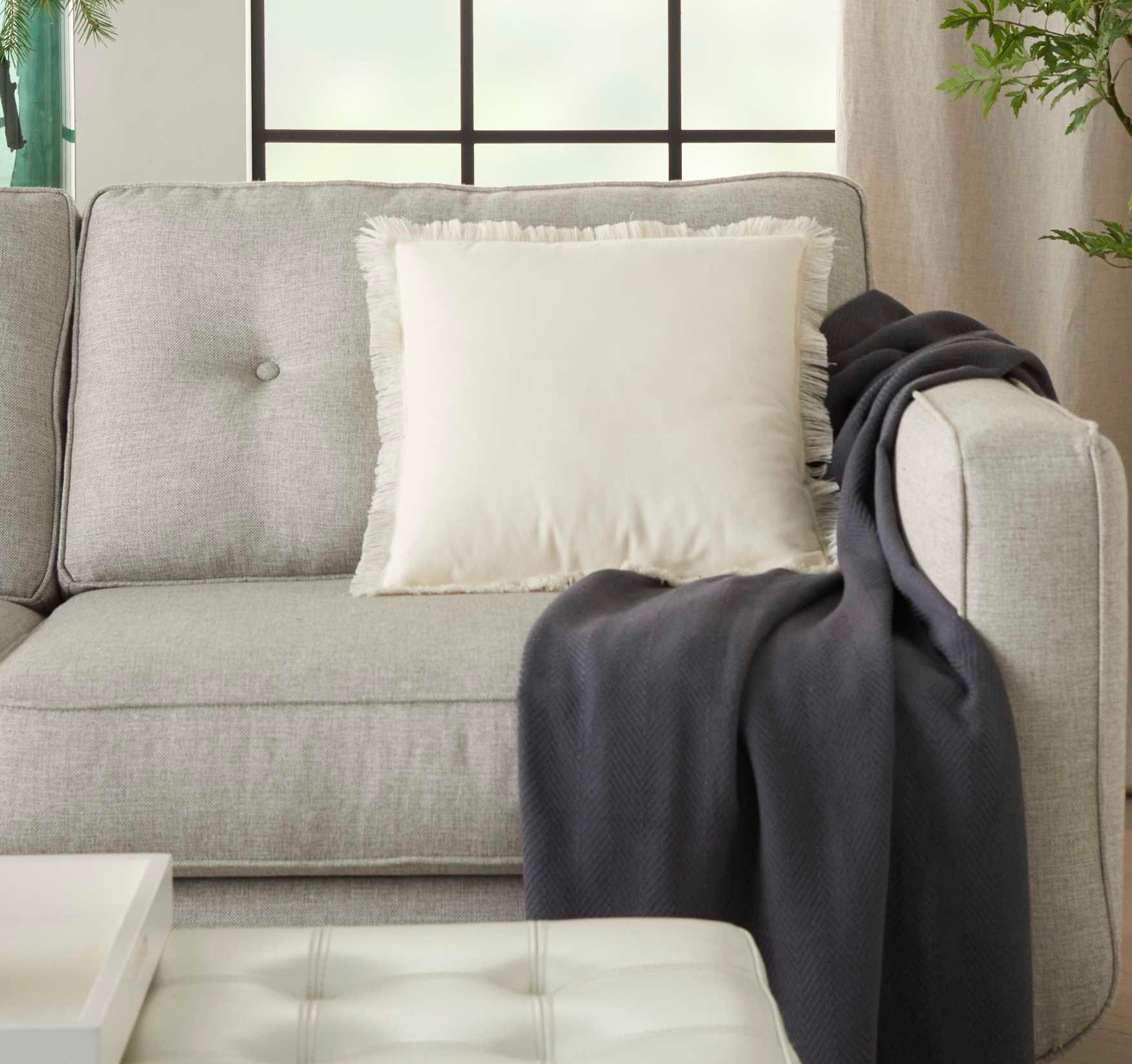 Mina Victory Life Styles 18" Cotton Fringed Edges Solid Throw Pillow in Ivory