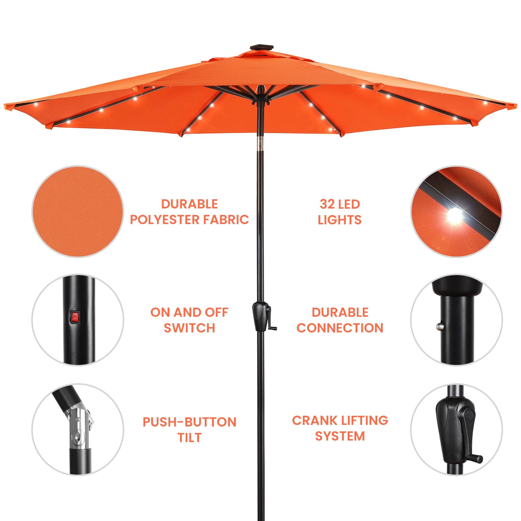 Sun-Ray 9 FT 32 LED Patio Solar Umbrella w/ Push Button Tilt and Crank Outdoor Umbrella, 8 Sturdy Ribs, UV Protection, Solution-Dyed Fabric, Orange