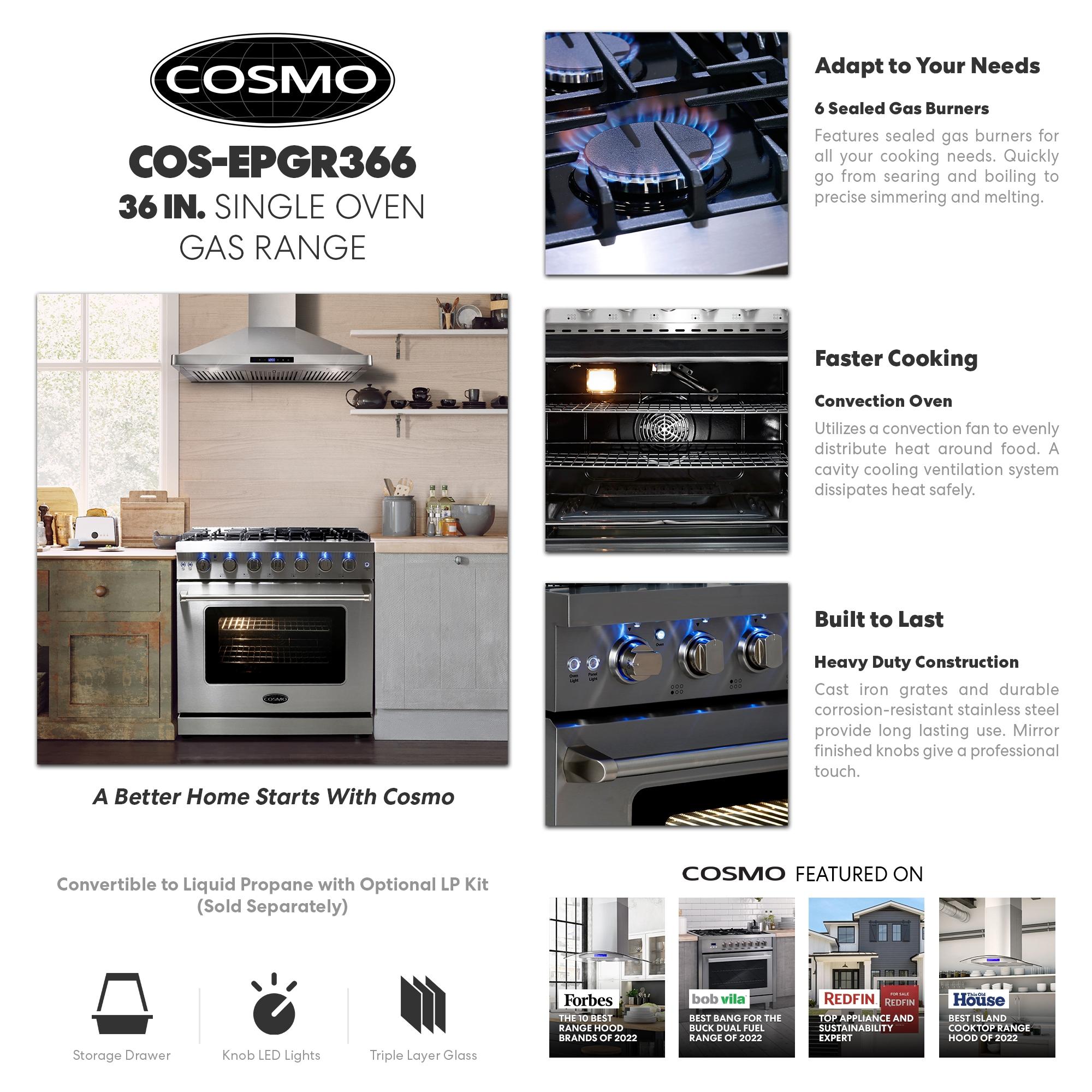 Cosmo 36 in. Haven Collection 6.0 cu. ft. Gas Range, 6 Burners, Convection Oven, Knob LEDs, Storage Drawer, Stainless Steel