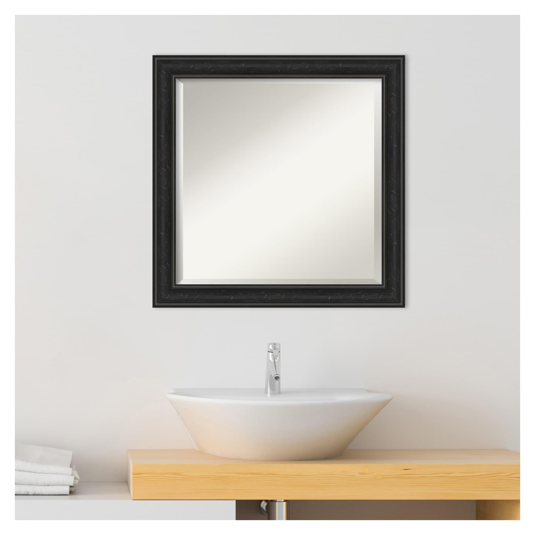 Amanti Art Beveled Bathroom Wall Mirror - Shipwreck Black Narrow Frame Outer Size: 24 x 24 in