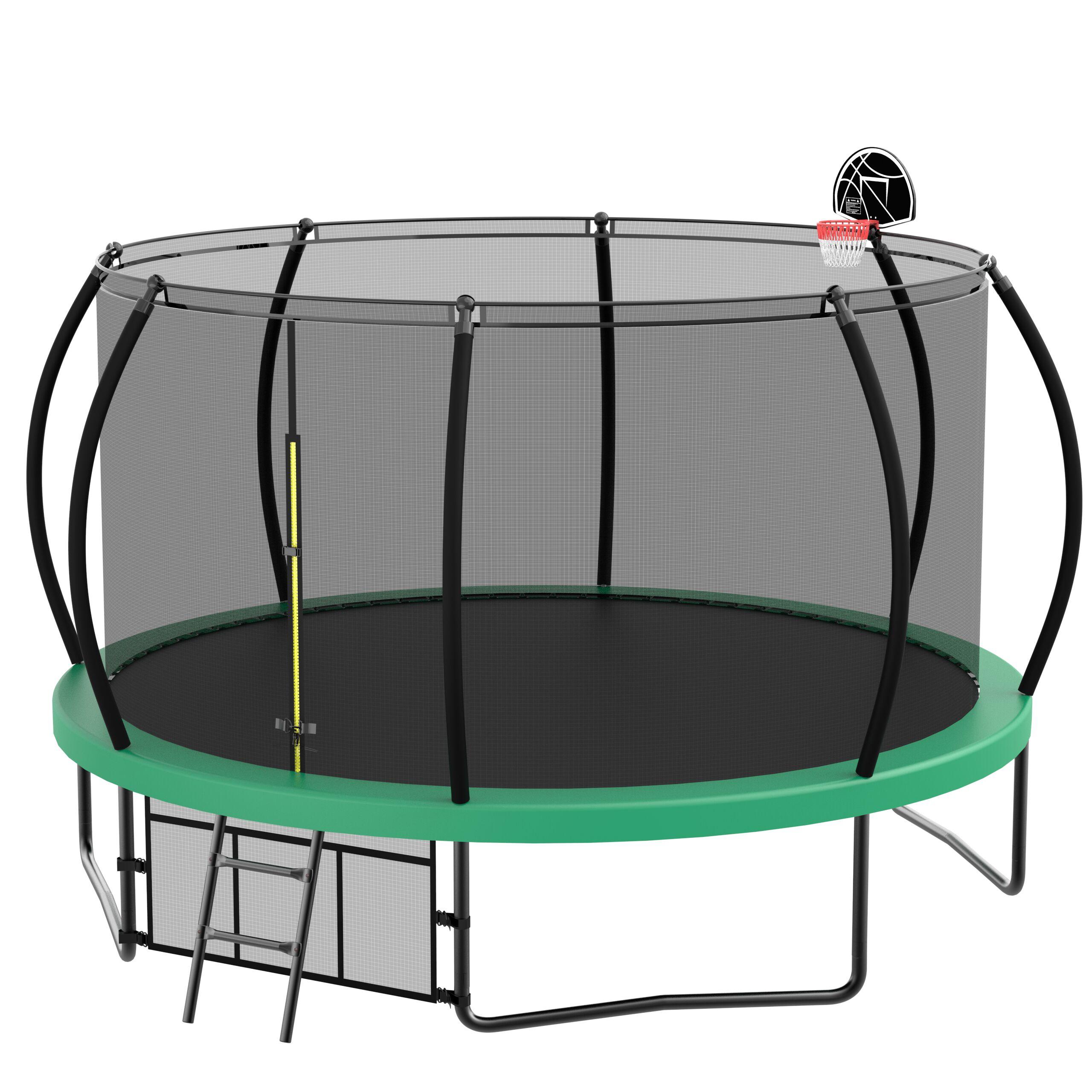 12FT Round Trampoline with Basketball Hoop for Kids, Outdoor Recreational Trampolines with Safety Enclosure Net & Ladder, 880 LBS Weight Capacity, Green