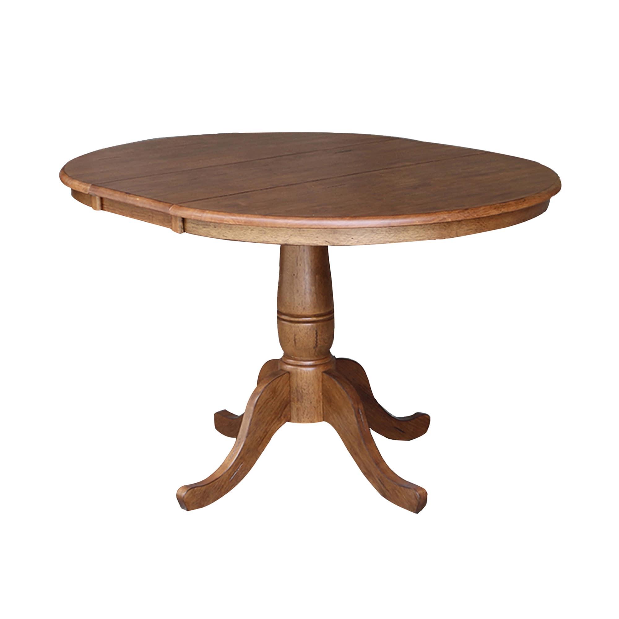 International Concepts 29.3" Keanan Round Top Pedestal Extendable Dining Table with 12" Drop Leaf Distressed Oak: Mid-Century Style, Seats 4