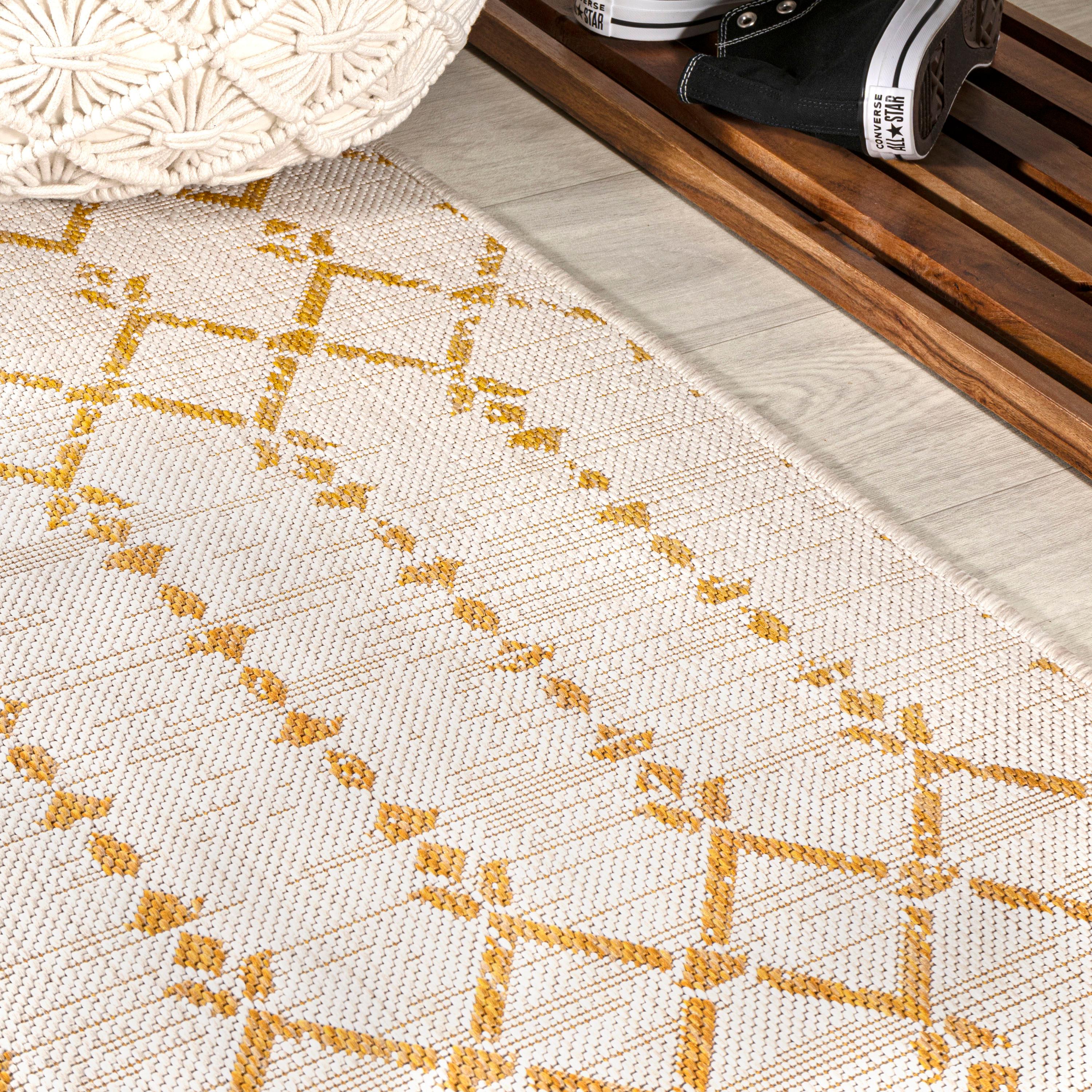 2' x 10' Ourika Moroccan Geometric Textured Weave Indoor/Outdoor Runner Rug, Cream/Yellow - JONATHAN Y