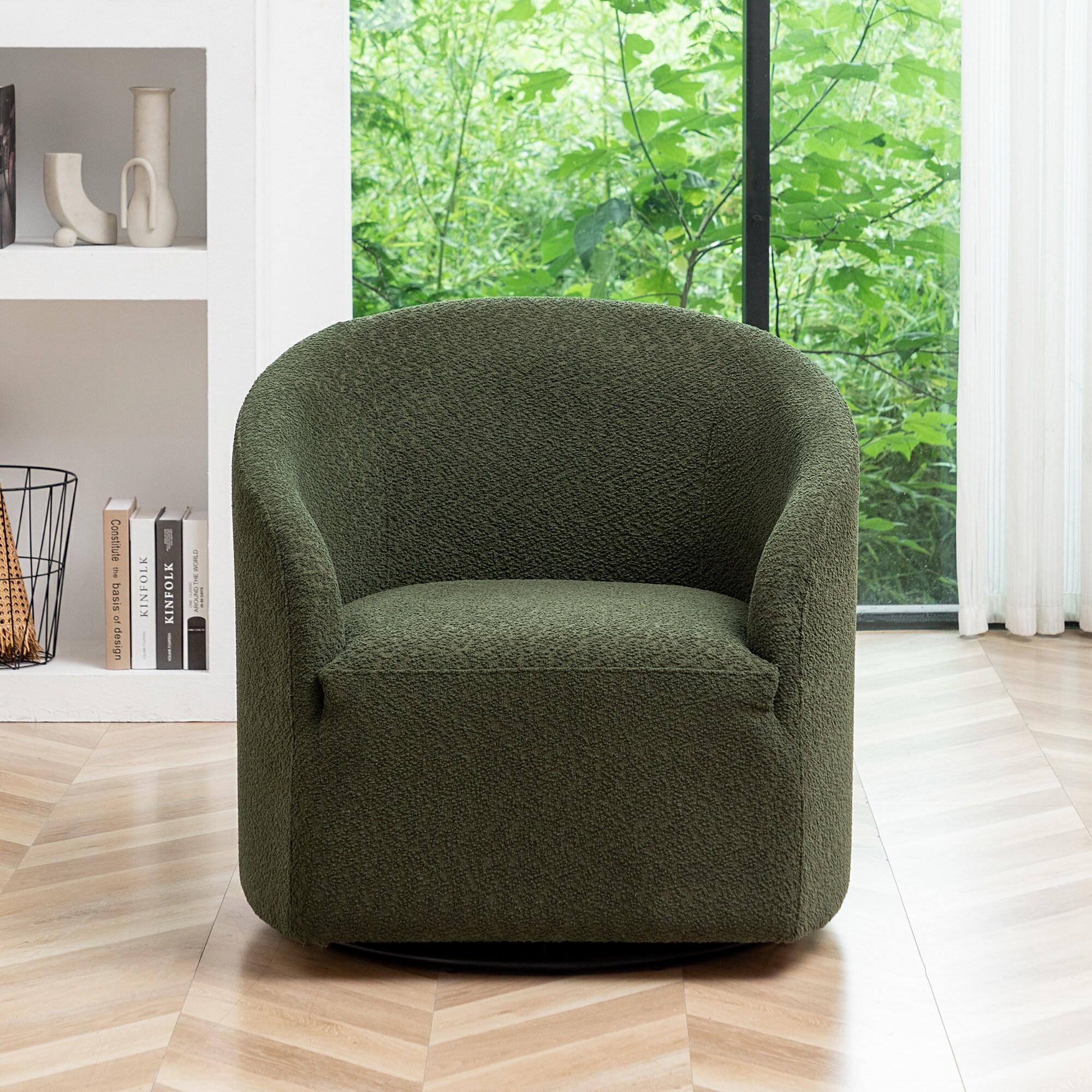 32" Wide Boucle Upholstered Swivel Barrel Chair Green - Kinwell: Mid-Century Modern, No Assembly Required