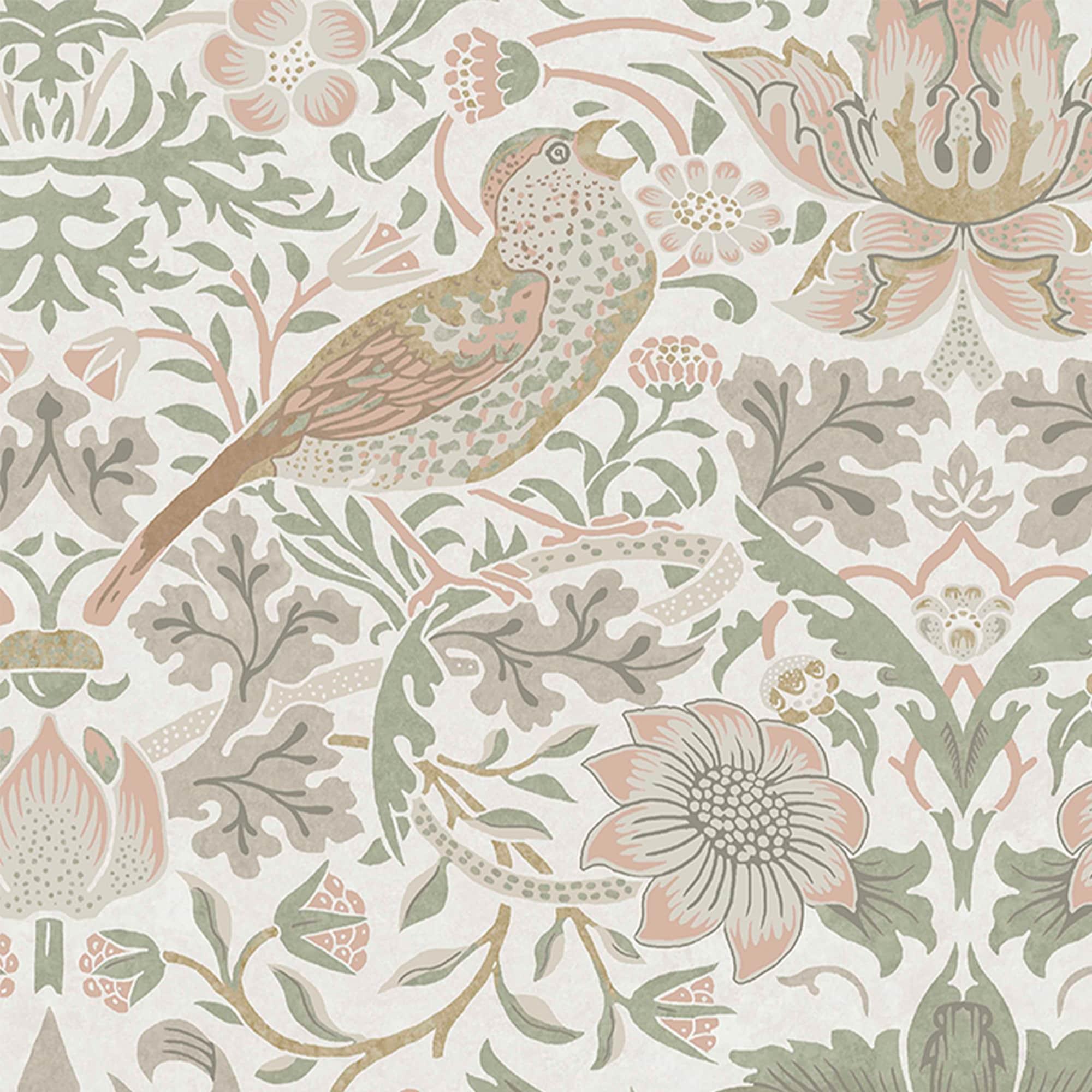 William Morris at Home Strawberry Thief Sage & Pink Wallpaper