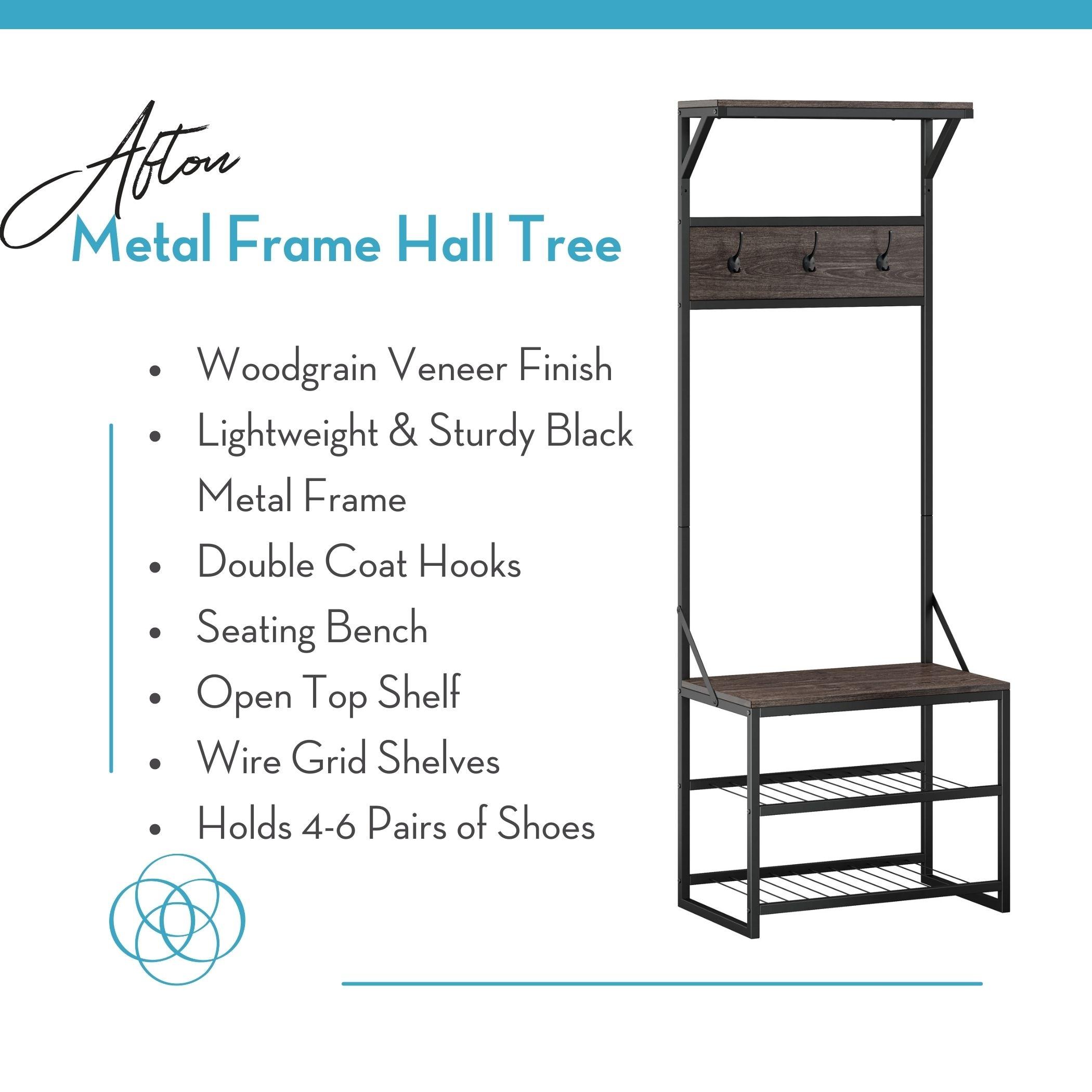 RiverRidge Afton Hall Tree Shoe Storage Organizer Cabinet with Hooks and Top Storage Shelf Entryway Bench Seat - Weathered Woodgrain and Black Metal Frame