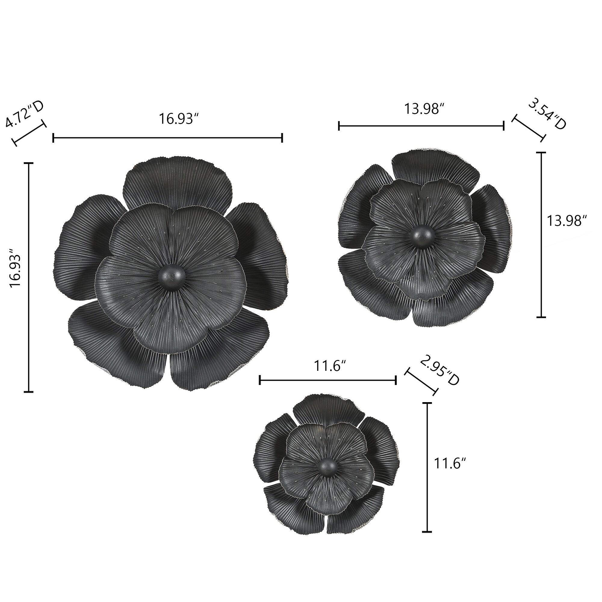 LuxenHome 3-Piece Black Metal Flowers Wall Decor