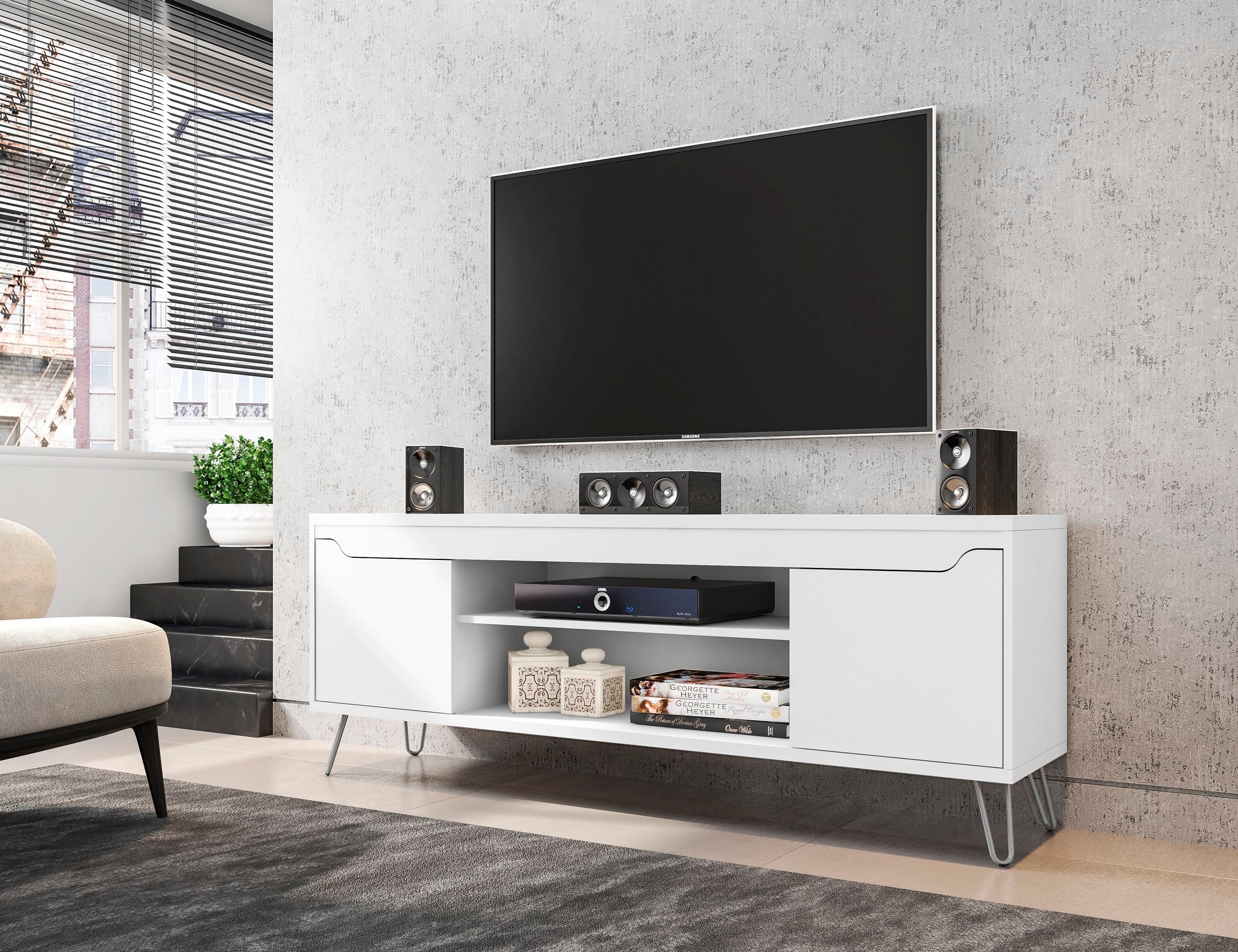 Baxter TV Stand for TVs up to 60" White - Manhattan Comfort: Mid-Century Modern Media Console with Cable Management