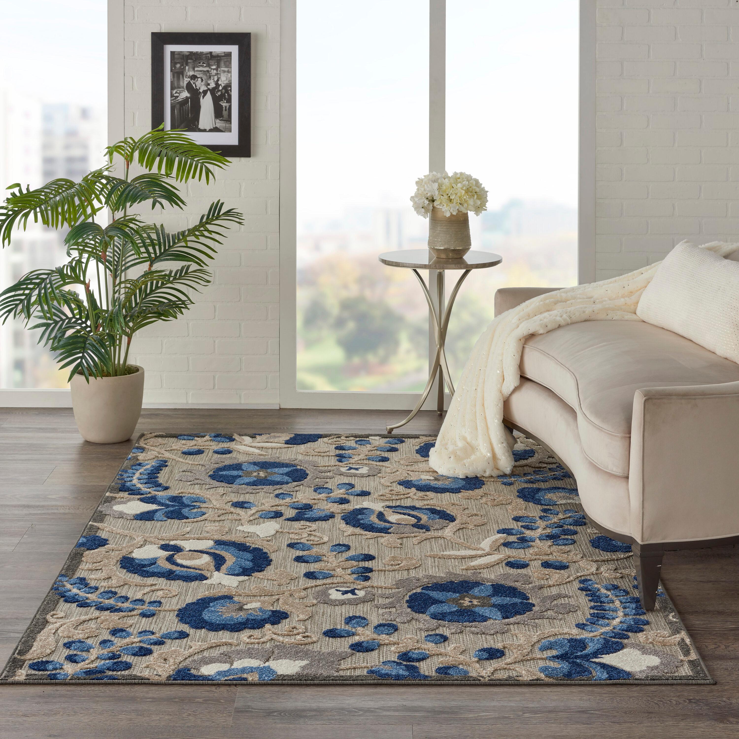 Nourison Aloha Floral Textured Flatweave High-Low Indoor Outdoor Area Rug Natural/Blue 3'6" x 5'6"