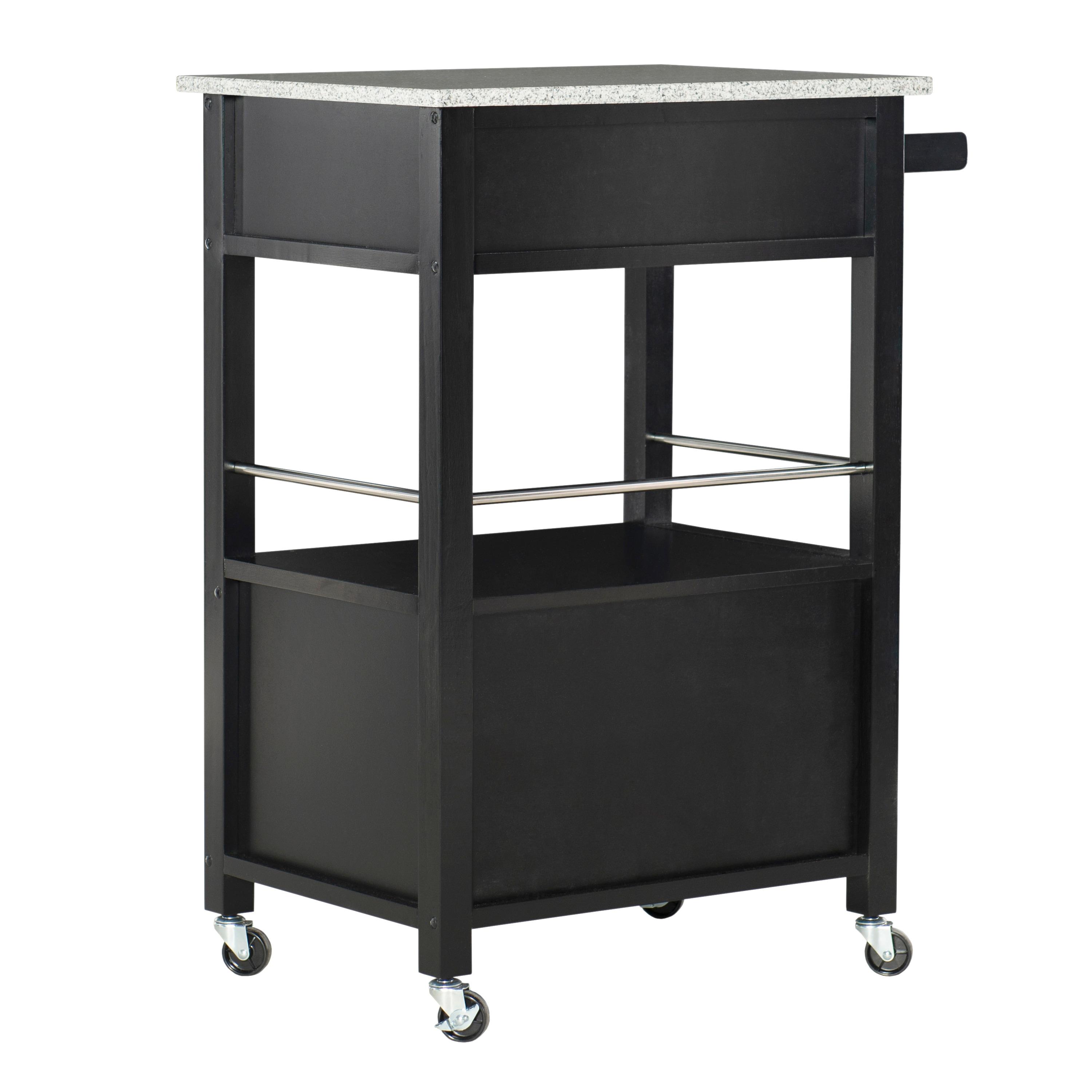 Mitchell Black Wood Granite Top Kitchen Cart: Storage, Towel Bar, Locking Casters - Linon