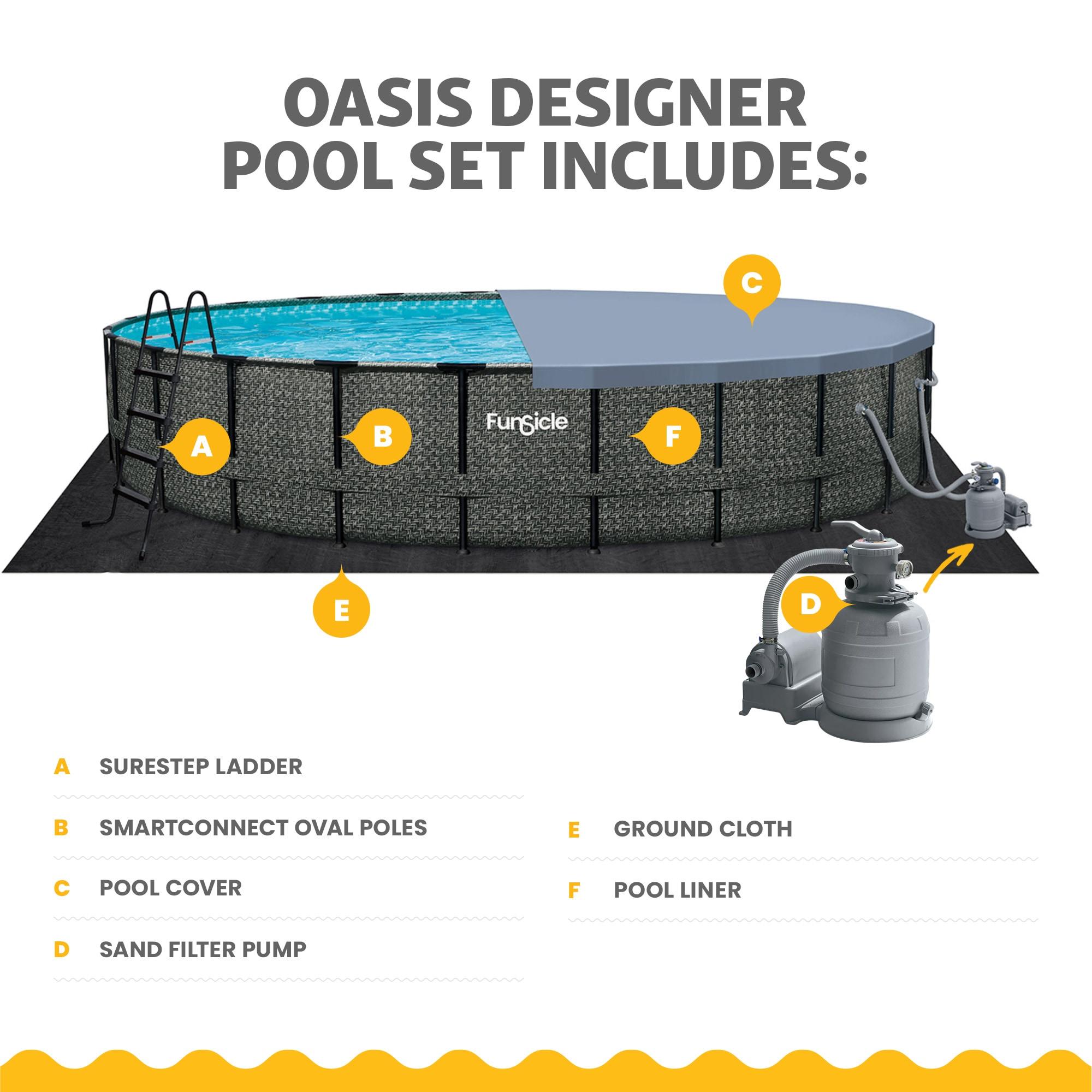Funsicle 24 Feet by 52 Inches Oasis Designer Round Frame Above Ground Swimming Pool with SkimmerPlus Filter Pump and Cover, Dark Herringbone Pattern