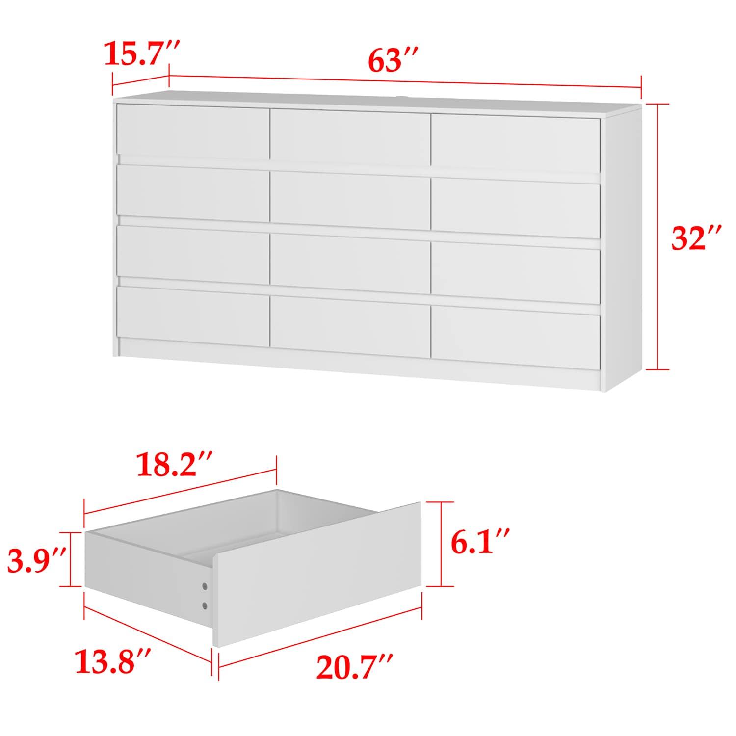 White Double Dresser with 12 Drawers, Modern Engineered Wood