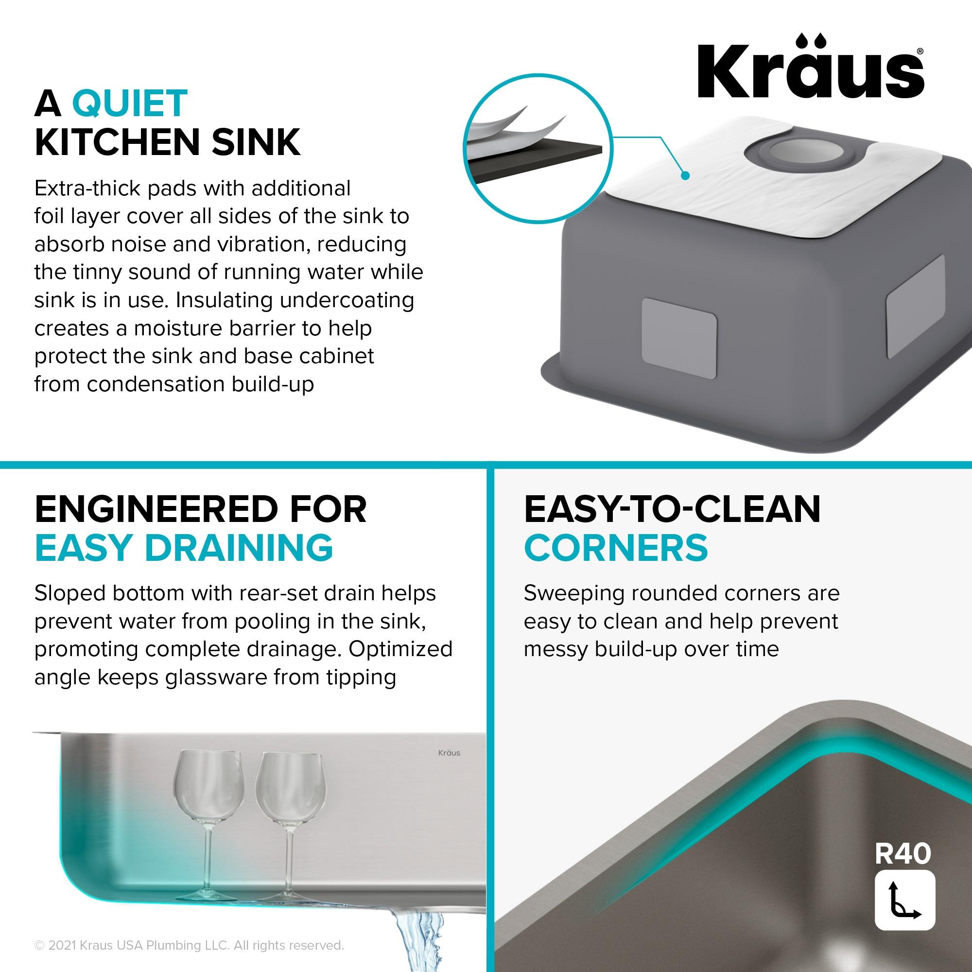 Dex™️ Series KRAUS 17" L Undermount 16 Gauge Stainless Steel Single Bowl Kitchen Sink