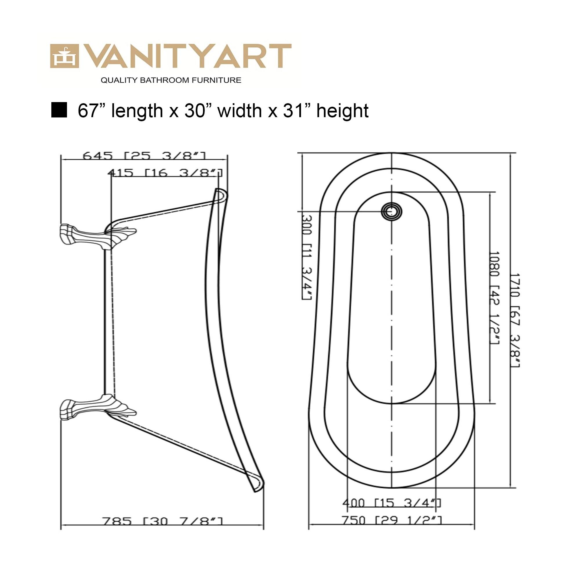 67" x 30" Clawfoot Soaking Bathtub