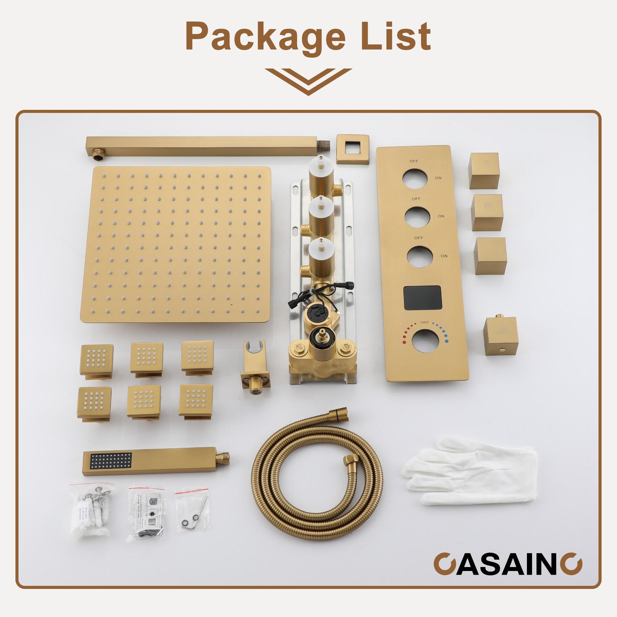 CASAINC KCHS0017-12BG 12 Inch Rainfall Thermostatic Shower System with Body Spray and Temperature Display