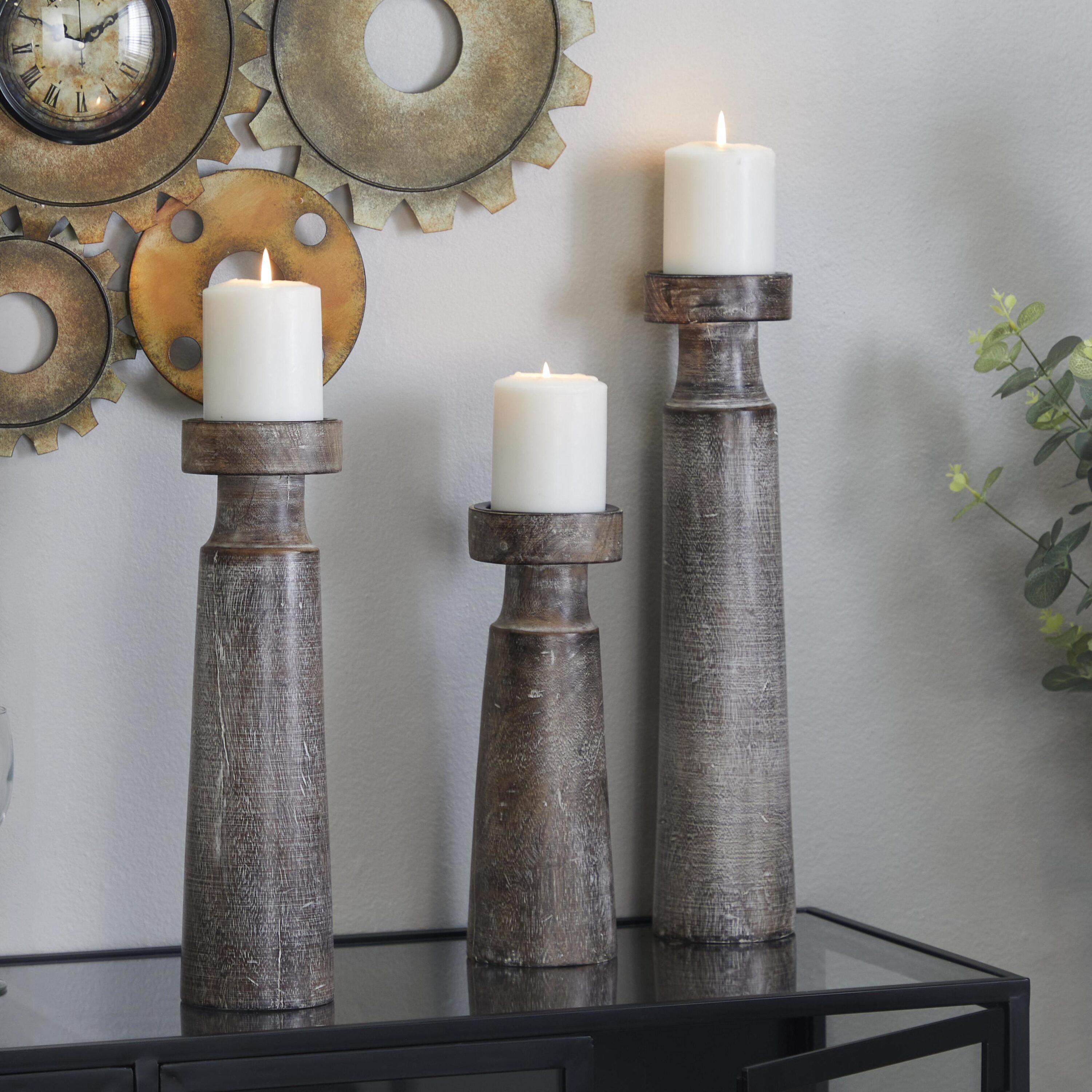 Olivia & May Set of 3 Rustic Cylindrical Mango Wood Candle Holders Brown: Modern Decor, Fits Pillar Candles